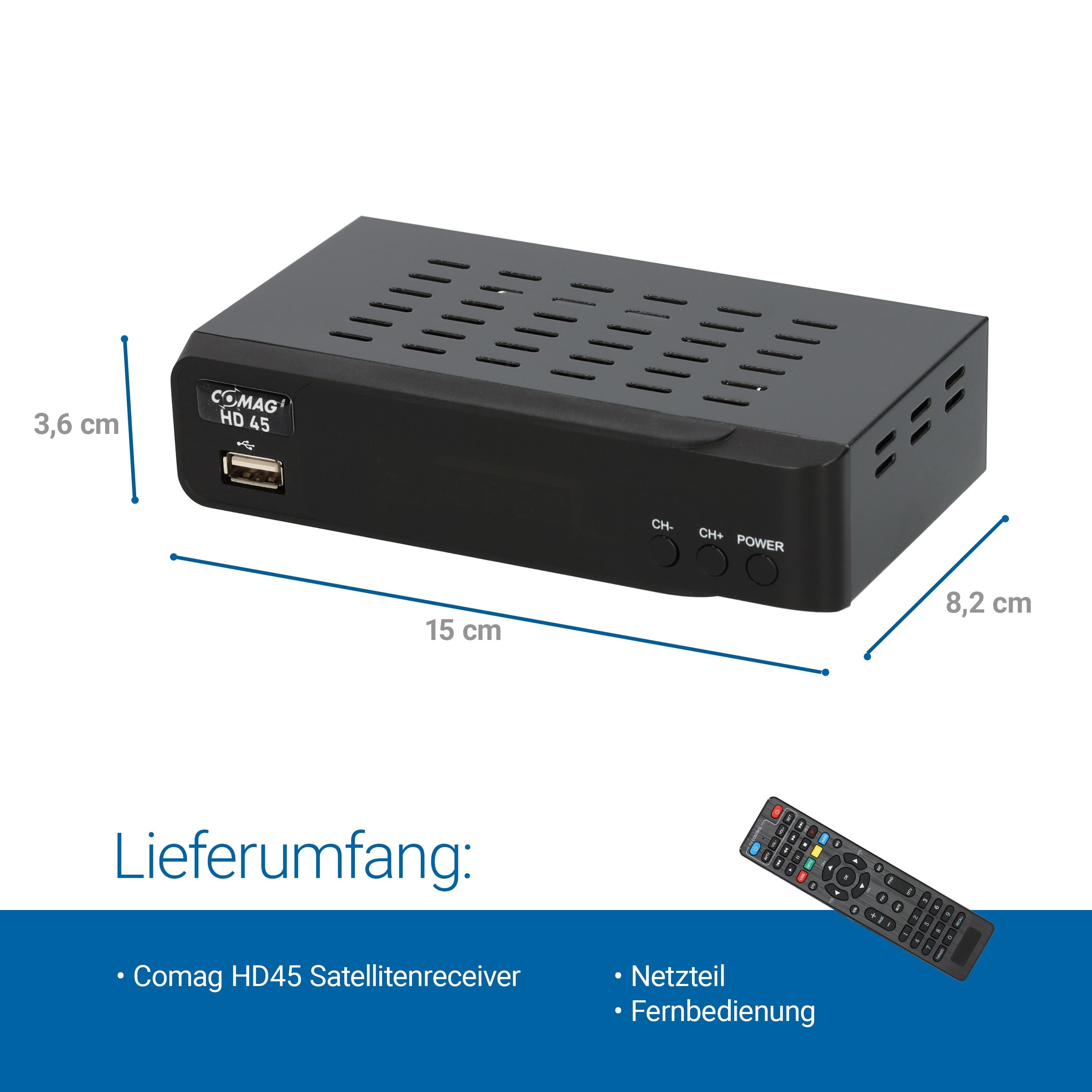 Ein schwarzer Comag HD45-Receiver mit Abmessungen und Fernbedienung. Text zeigt: Strom- und Kanaltasten.