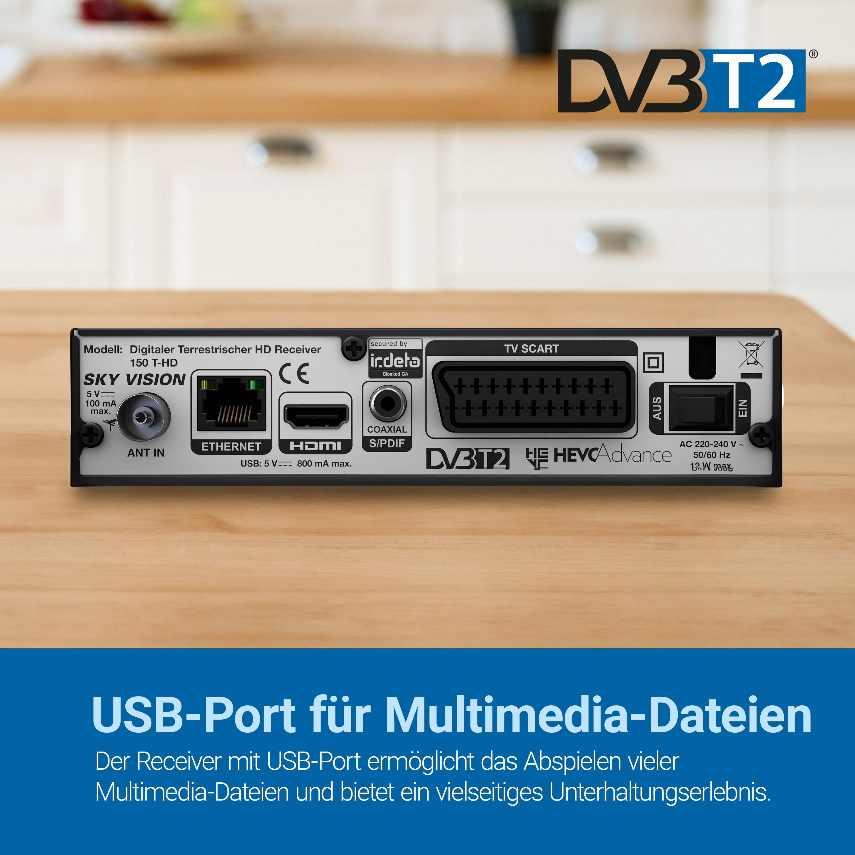 Rückseite eines digitalen terrestrischen HD-Receivers mit Anschlüssen. Text unten: USB-Port für Multimedia-Dateien.