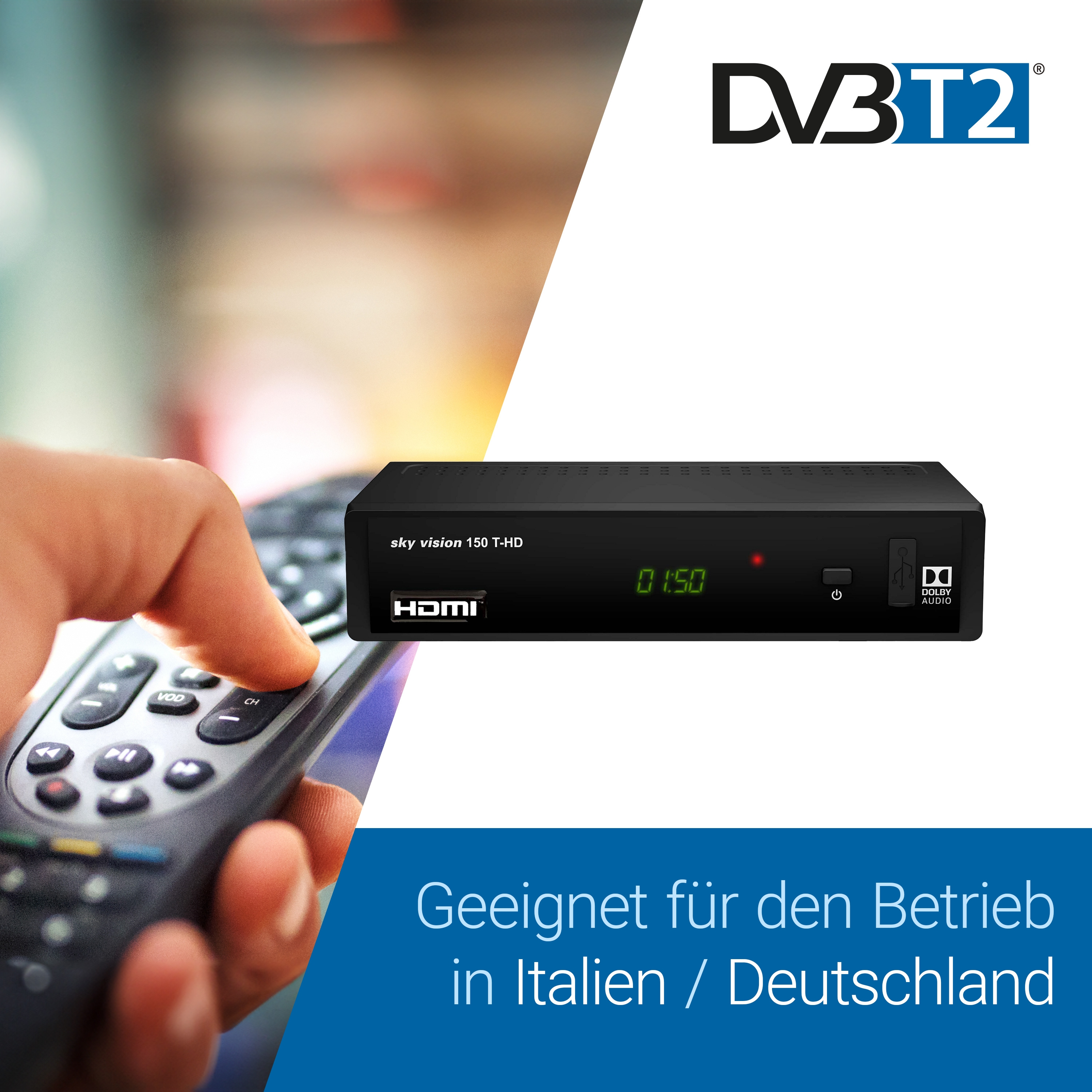 TV-Set-Top-Box mit Fernbedienung und DVB T2 Logo.