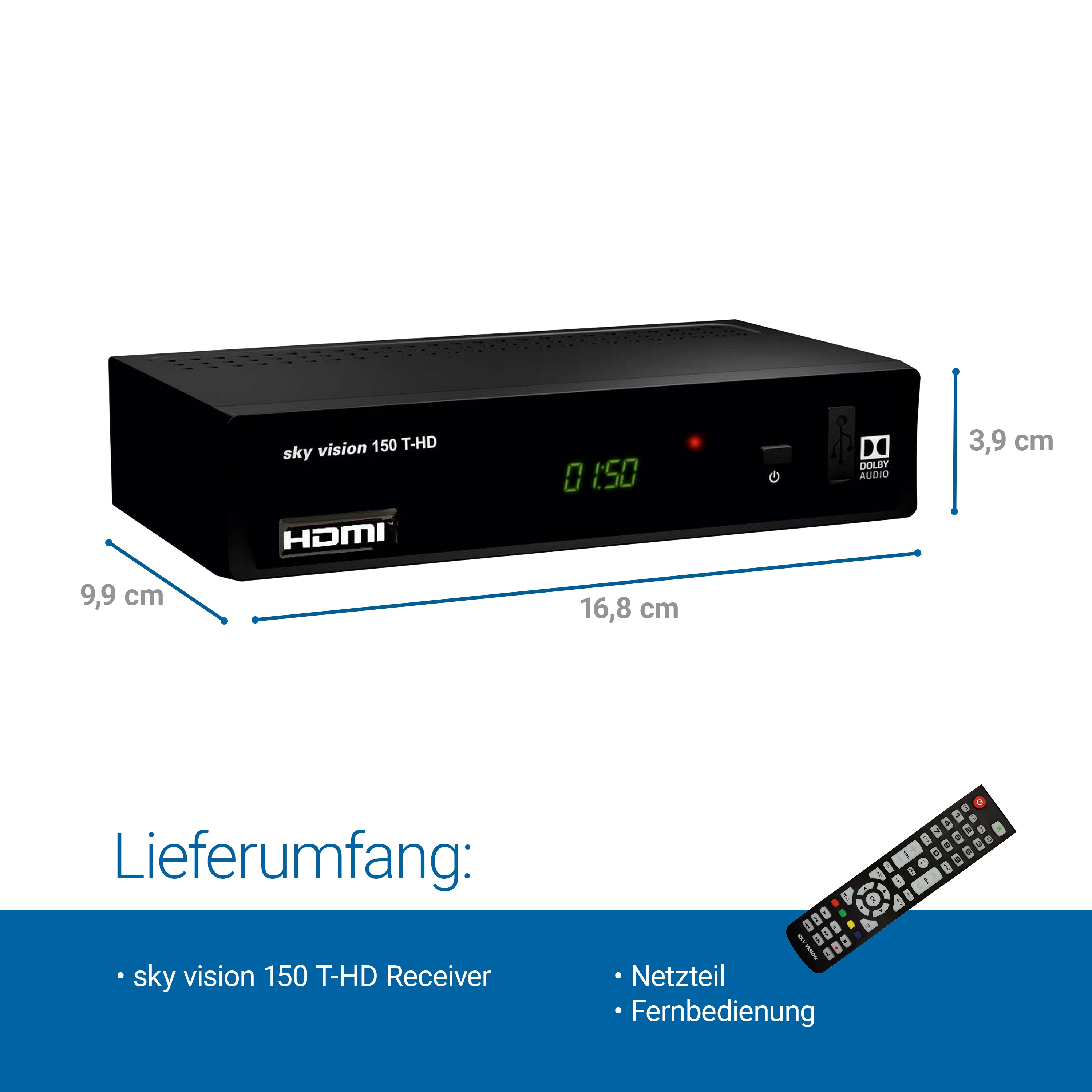 Schwarzer Sky Vision 150 T-HD Receiver mit Fernbedienung. Das Gerät zeigt grüne Zeit an.