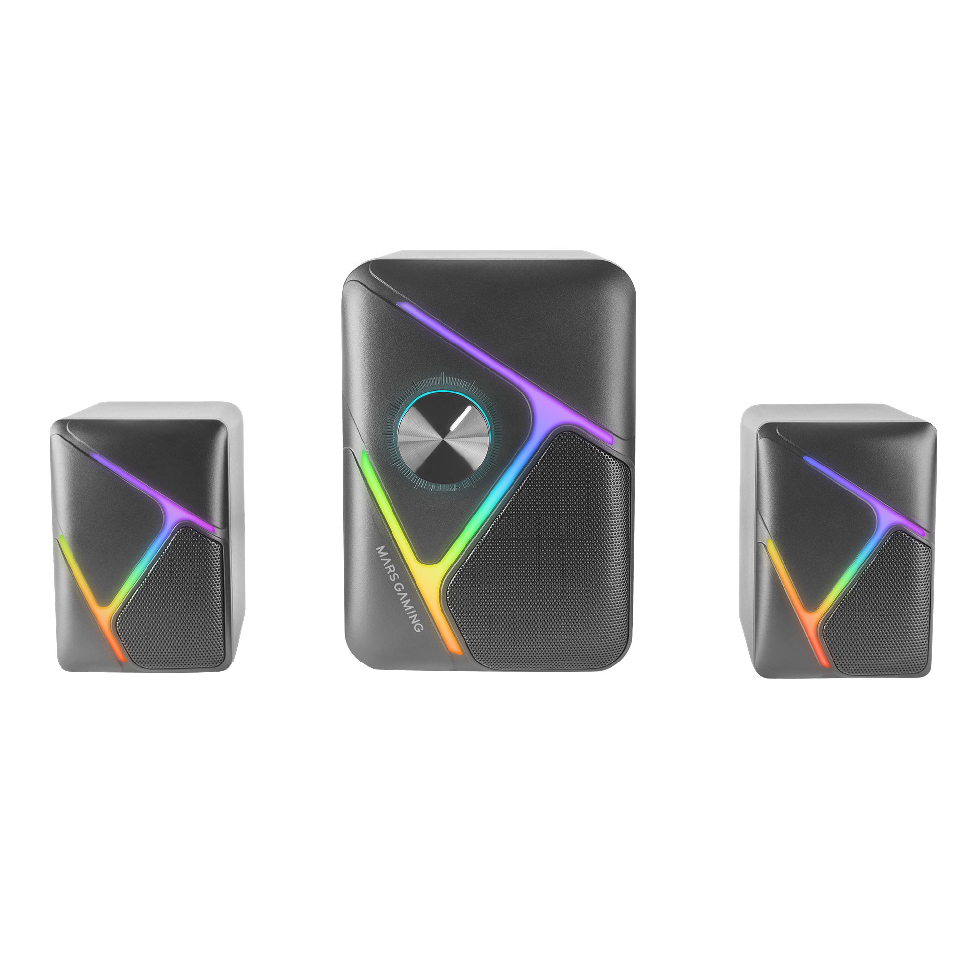 Tre altoparlanti neri con luci colorate. L'altoparlante centrale ha controlli e testo MARS GAMING.