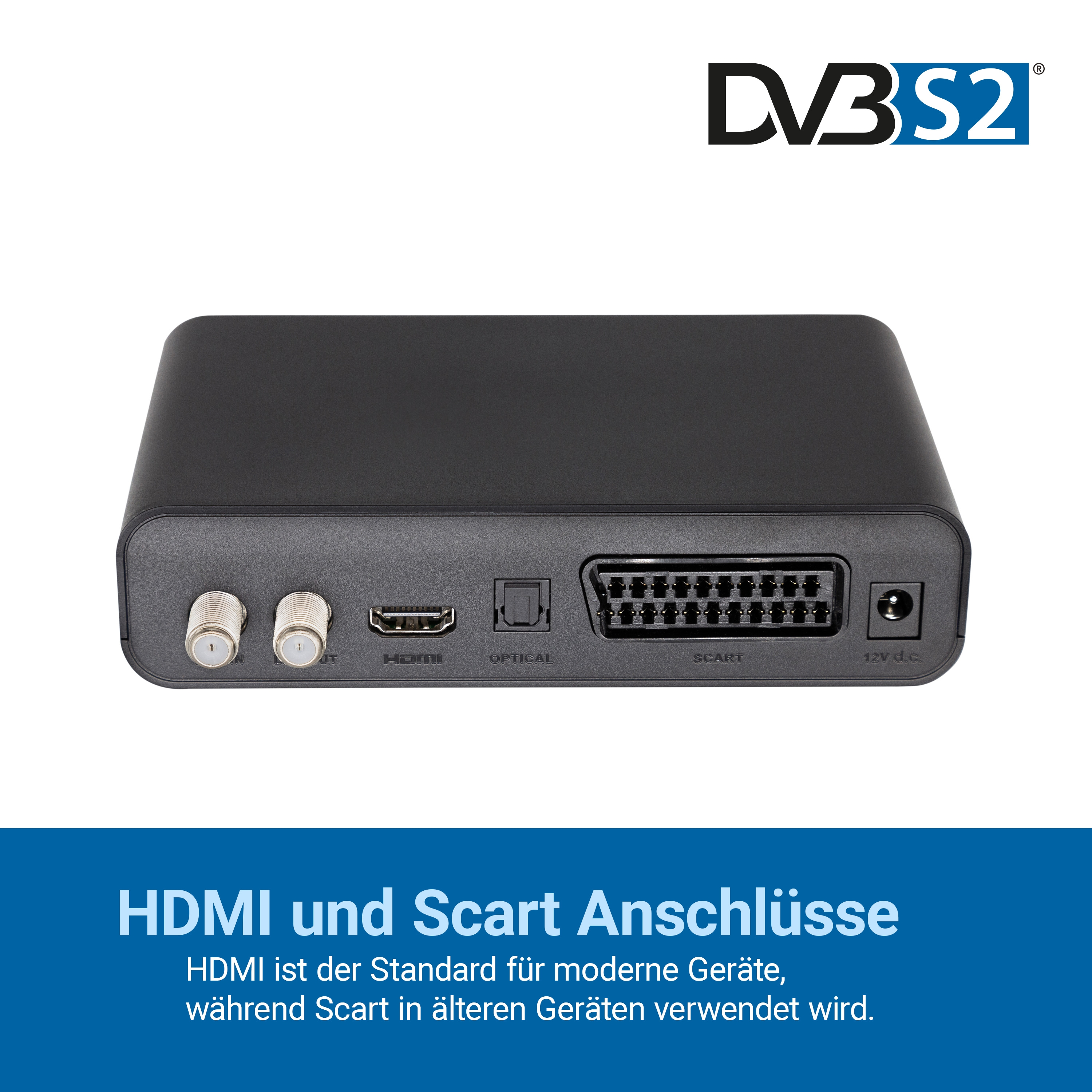 Schwarzes Gerät mit verschiedenen Anschlüssen und Beschriftungen, einschließlich HDMI und SCART.