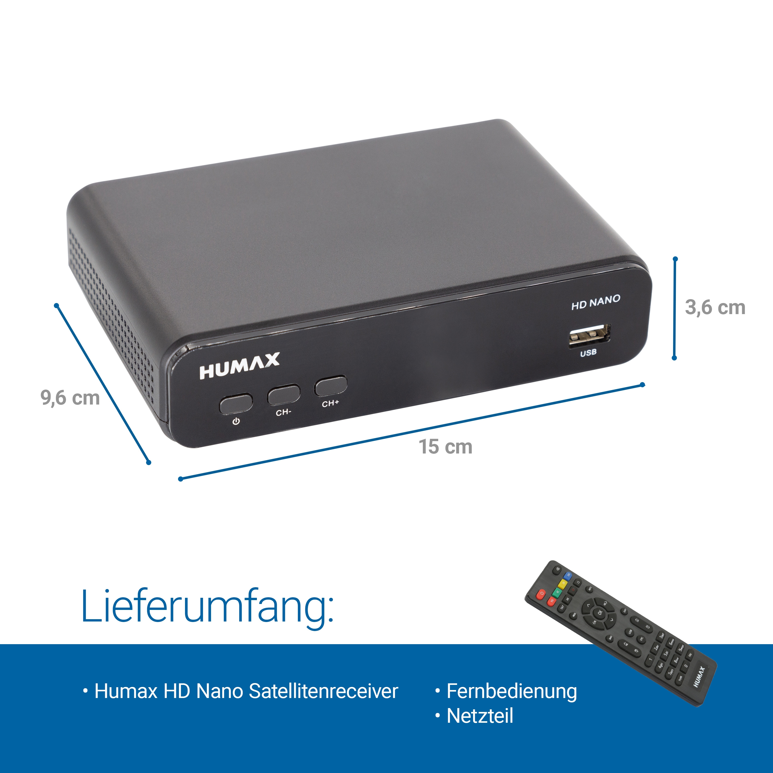 Schwarzer Humax HD Nano Satellitenreceiver mit Fernbedienung und Größenangaben.