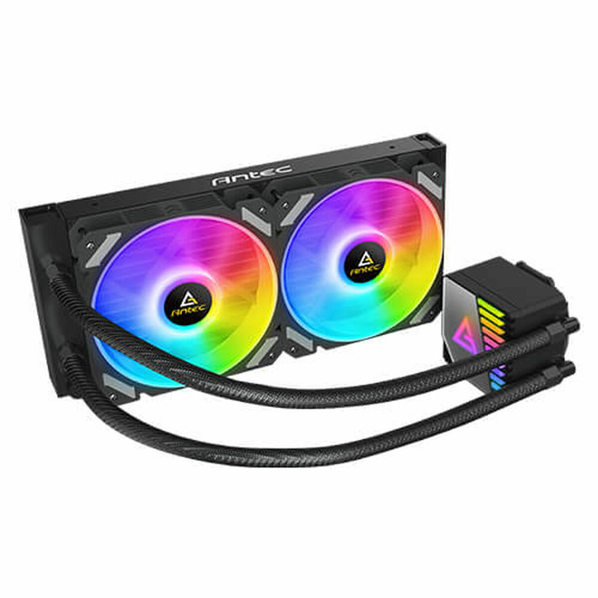 Computer liquid cooler with two fans and a pump unit. The fans have rainbow colored lights.