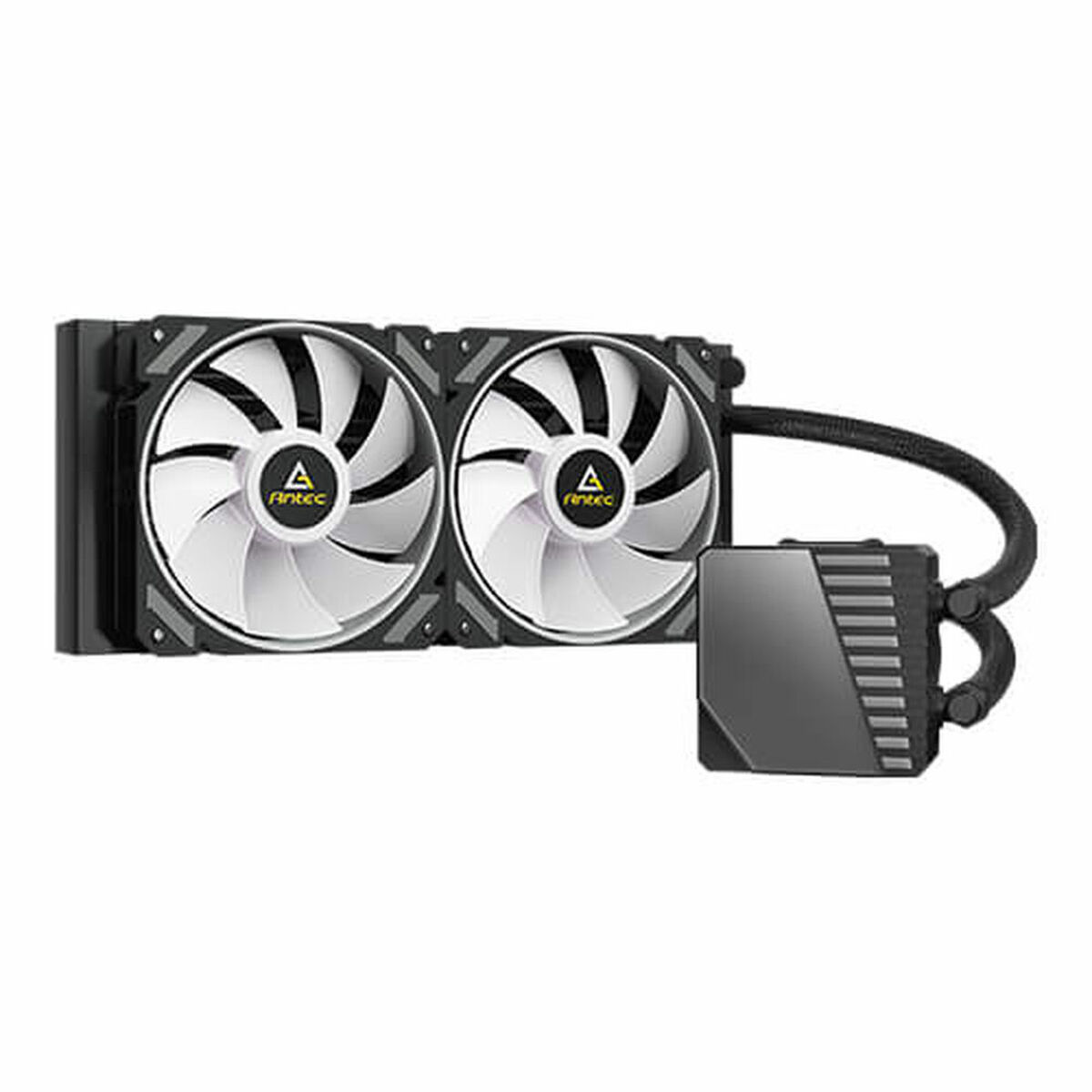 Computer cooling system with two white fans, black radiator, and black tubes, isolated on white background.