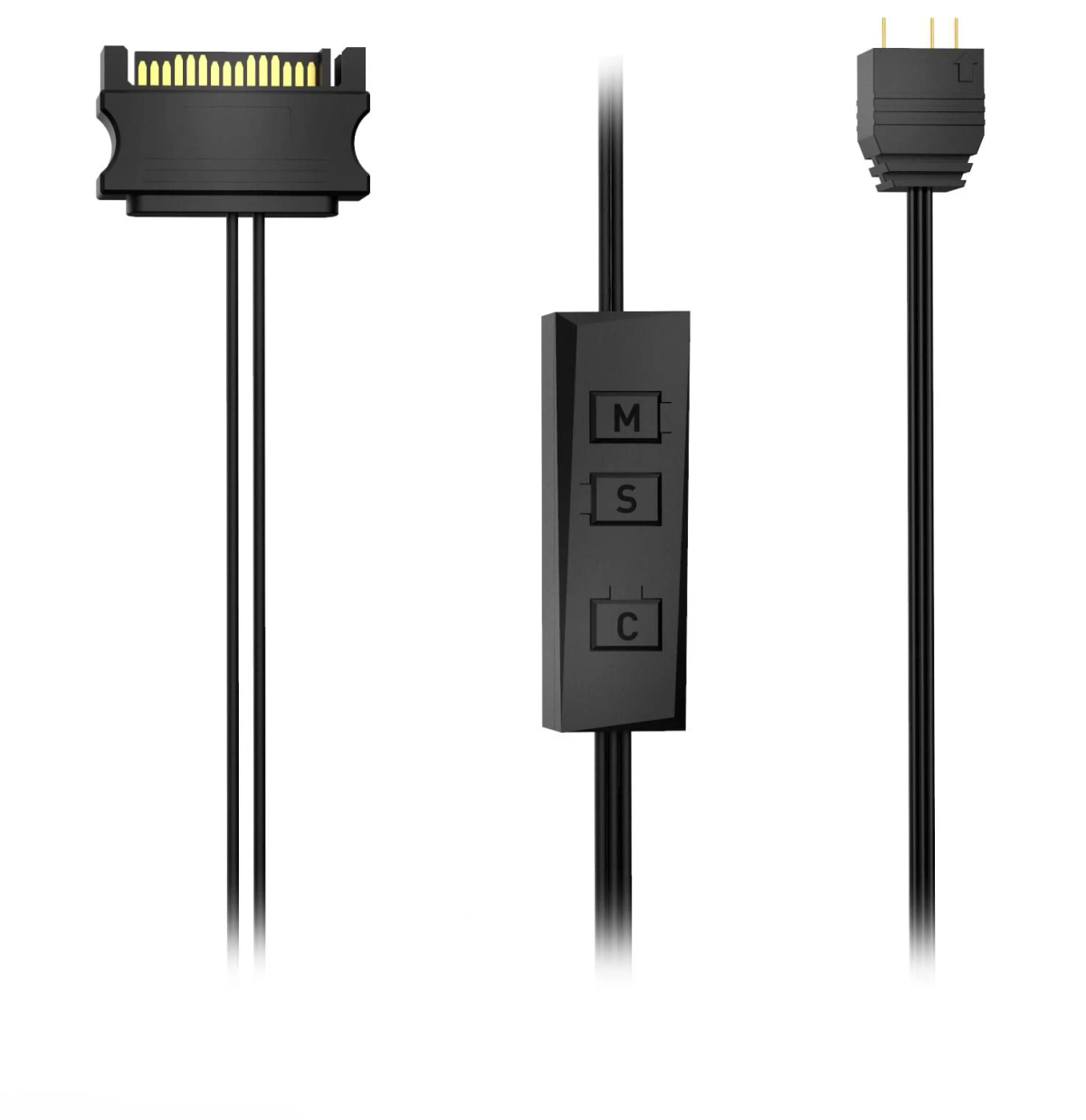 Schwarzes Kabel mit Anschlüssen und einem Steuermodul mit der Aufschrift M, S und C. Schwarzer Hintergrund.