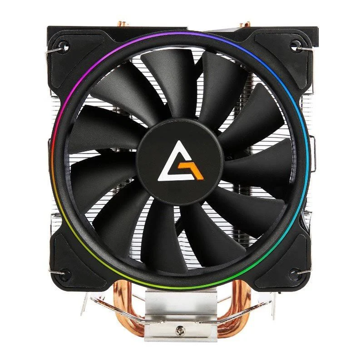 Ventilador de computadora negro con múltiples aspas, tubos de cobre y luz de anillo colorida.