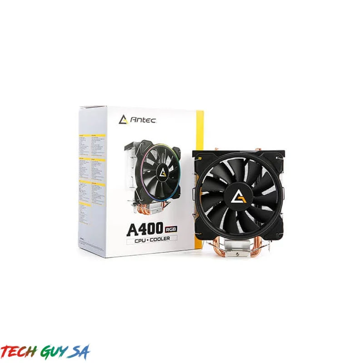 Un enfriador de CPU y una caja. El enfriador tiene un ventilador y la caja muestra la marca.