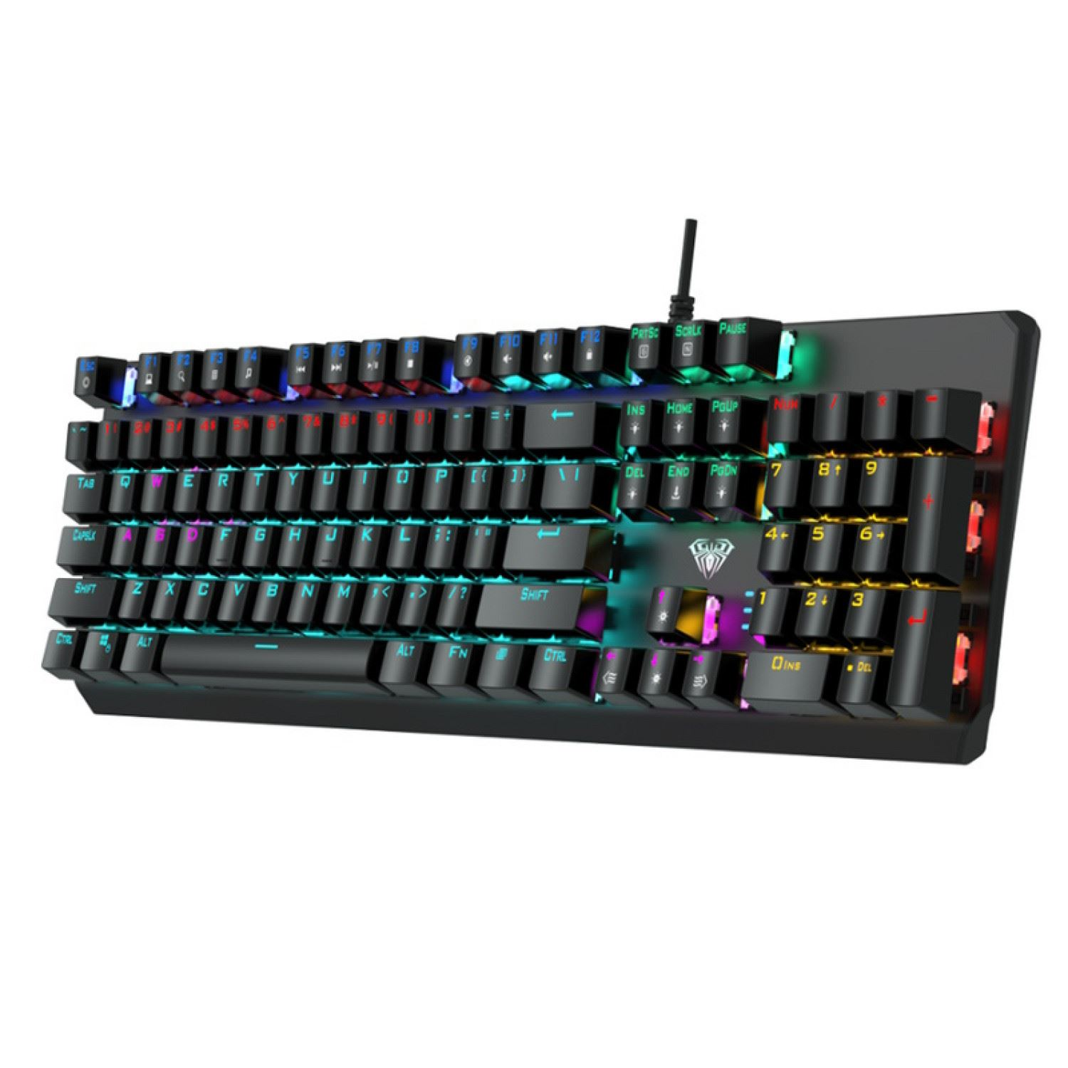 Tastiera da gioco nera con tasti multicolore, vista angolata, su una superficie bianca.