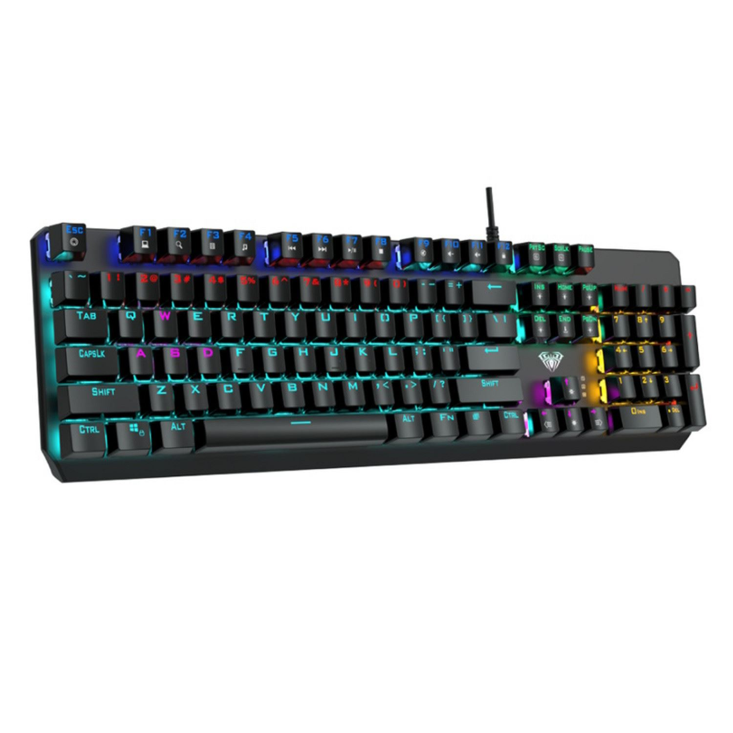 Tastiera da gioco nera con tasti colorati. La tastiera ha un tastierino numerico e un cavo.