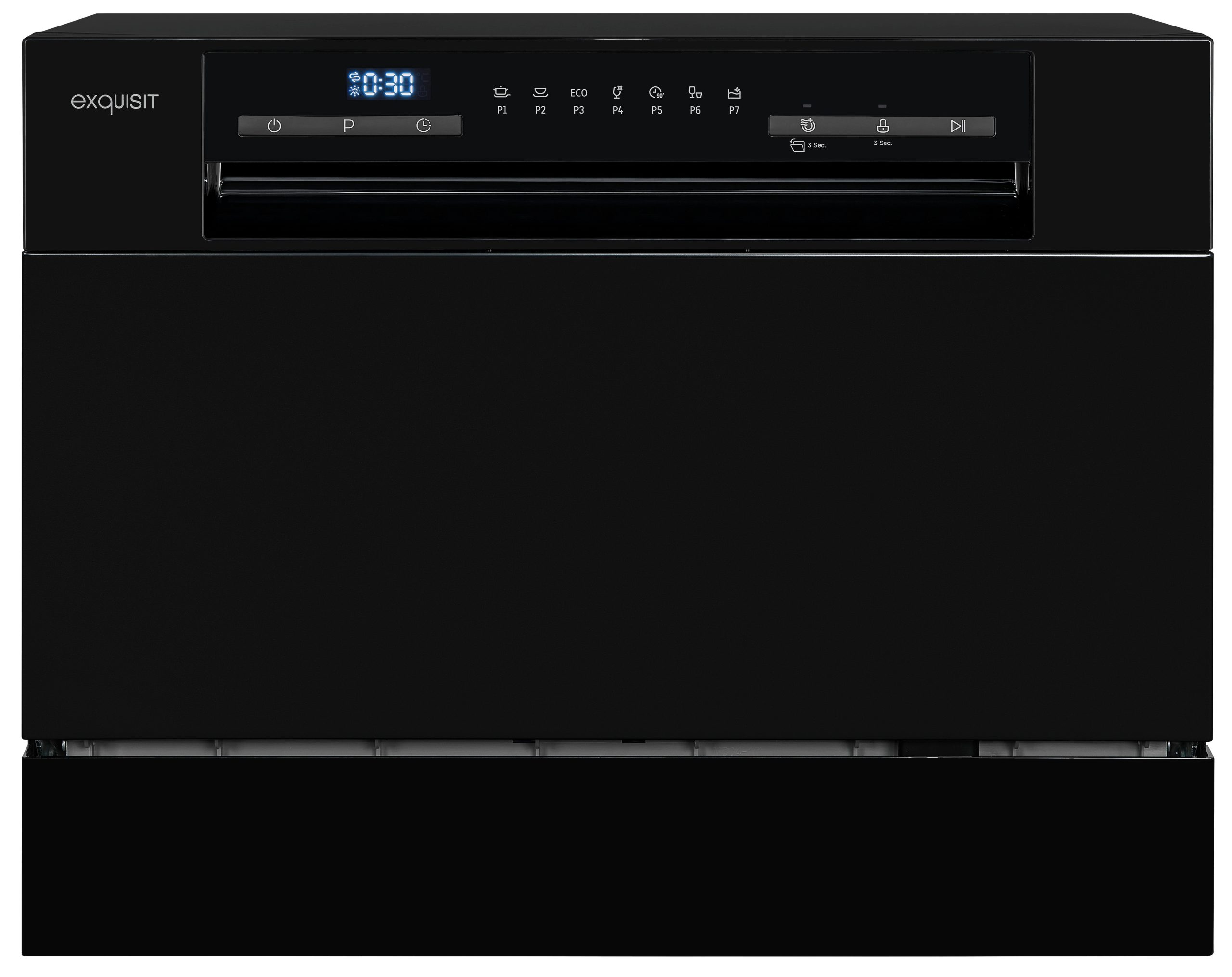 Schwarzer Geschirrspüler mit Digitalanzeige, die Zeit und verschiedene Programmsymbole anzeigt. Verfügt über ein schlankes, modernes Design.