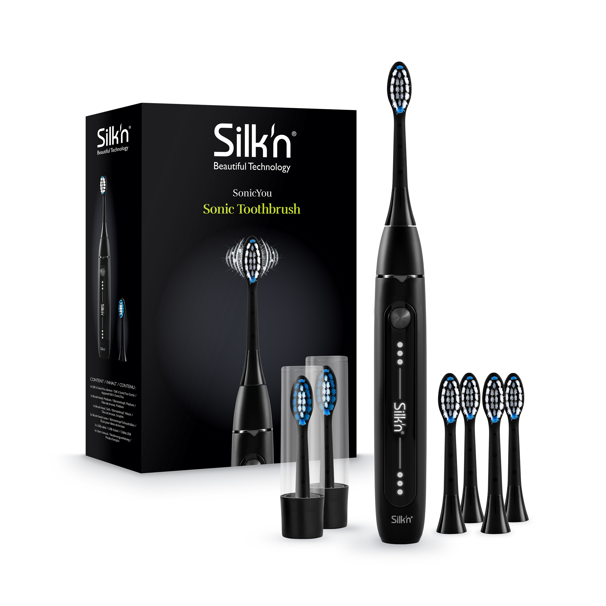 Schwarz-weißes Silk'n SonicYou Zahnbürstenset mit zusätzlichen Bürstenköpfen und Verpackung.