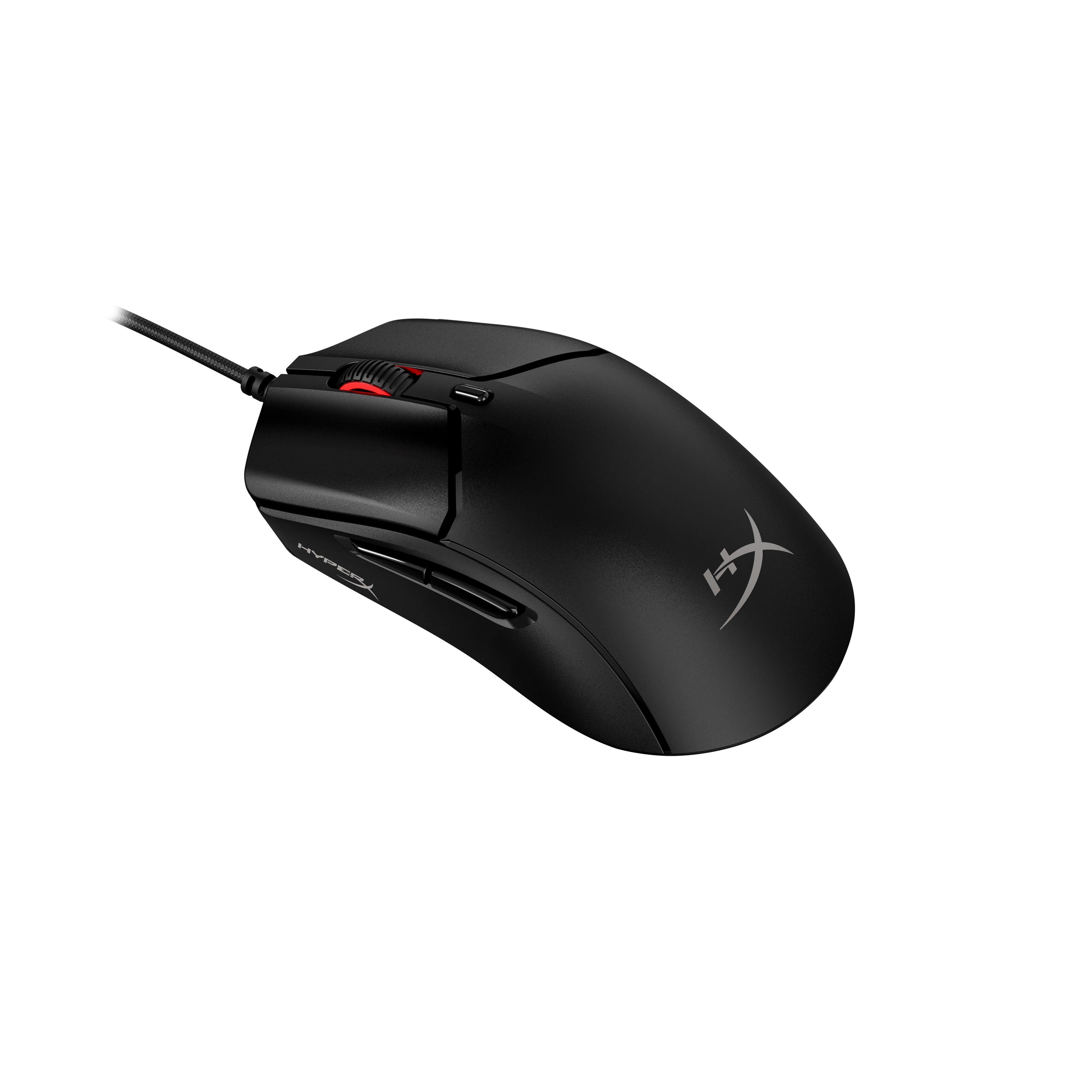 Mouse da gaming nero con rotella rossa e il logo HyperX.