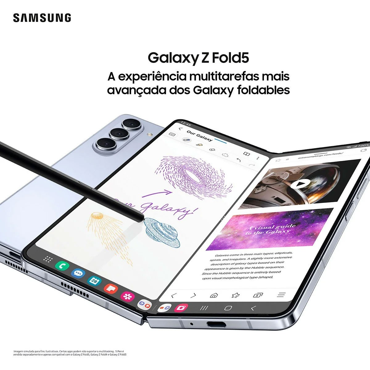 Samsung Galaxy Z Fold5, teilweise geöffnet, mit einem Stift. Text-Overlay und Benutzeroberfläche sind sichtbar.