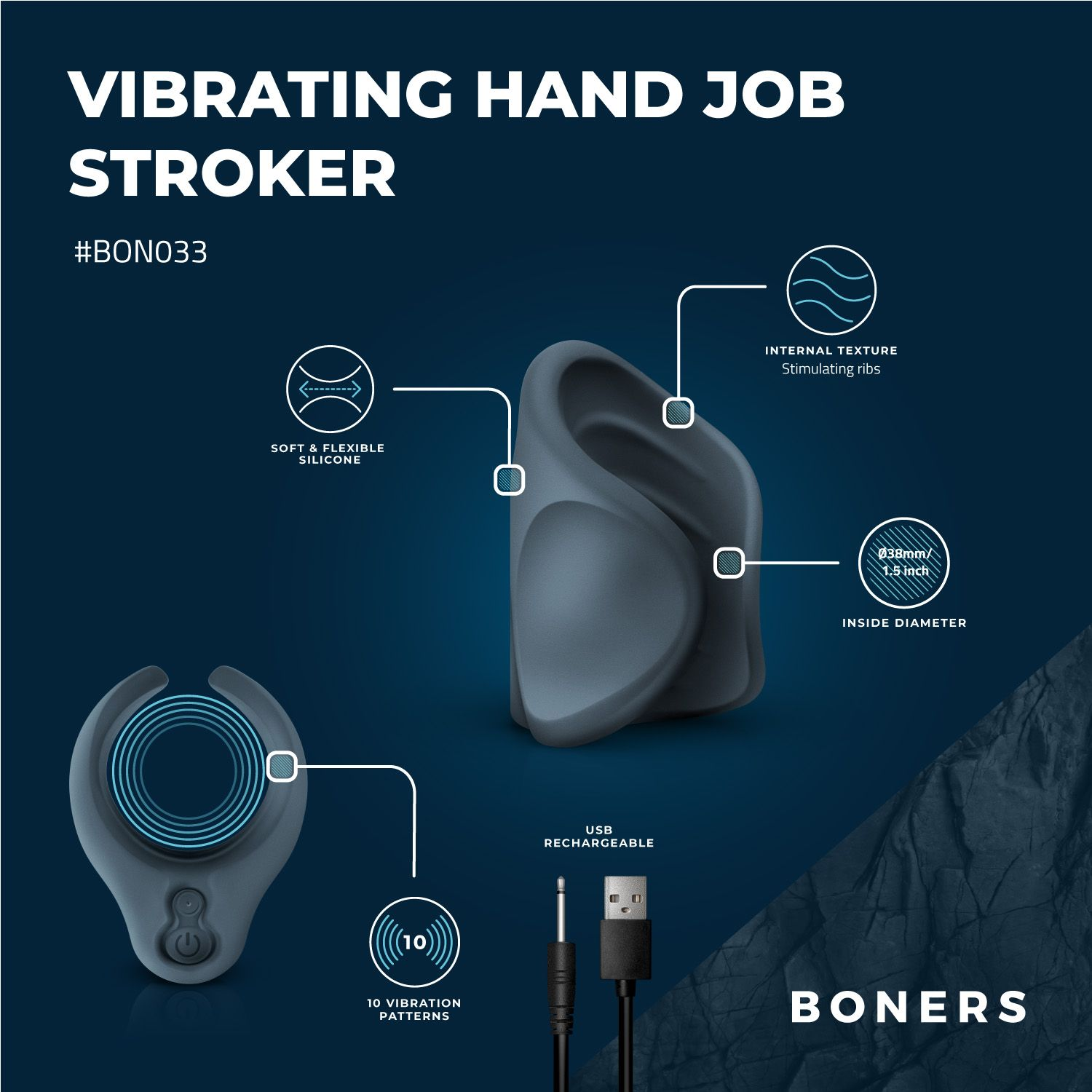 Ein grauer Vibrationsstroker mit 10 Vibrationsmustern, USB-aufladbar, aus weichem Silikon. Zeigt auch die Innentextur und den Durchmesser.