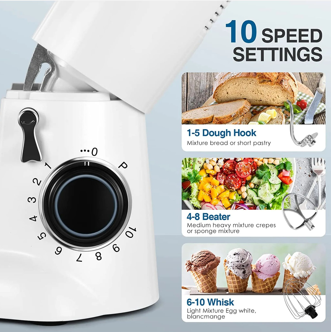 Ein weißer Küchenmixer mit 10 Geschwindigkeitseinstellungen und Illustrationen verschiedener Anwendungen.
