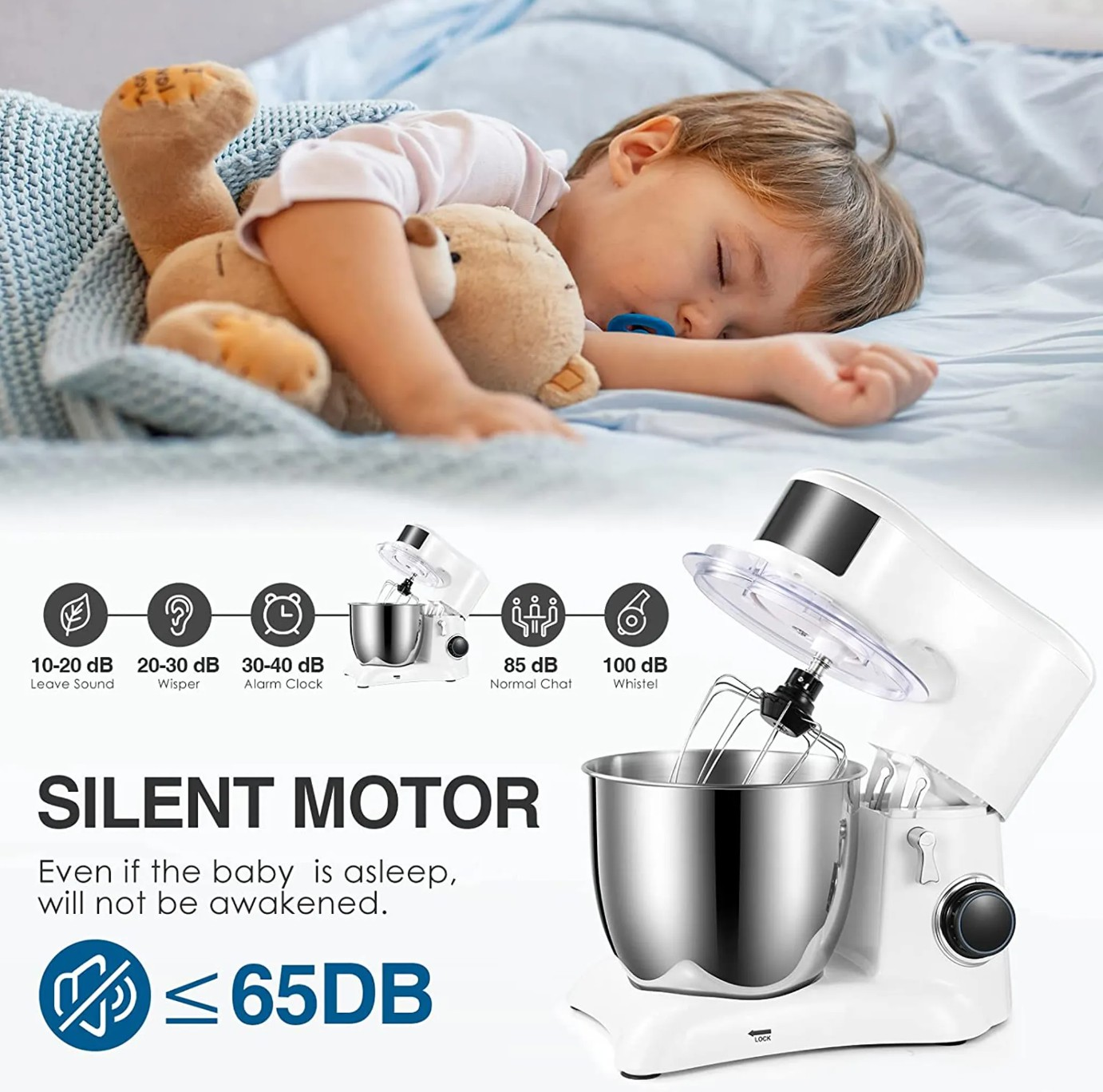Weißer Küchenmixer mit schlafendem Kind. Text: Leiser Motor, selbst wenn das Baby schläft. Geräuschpegel.