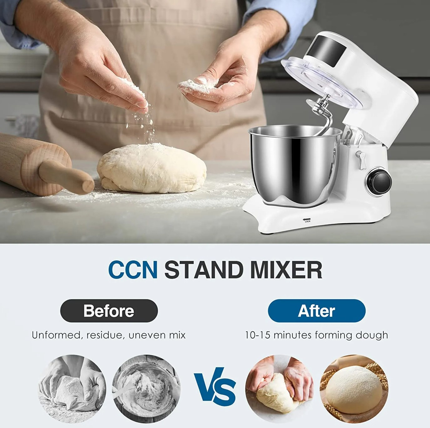Ein Küchenmixer mit Teig und ein Vorher-Nachher-Vergleich mit Text.