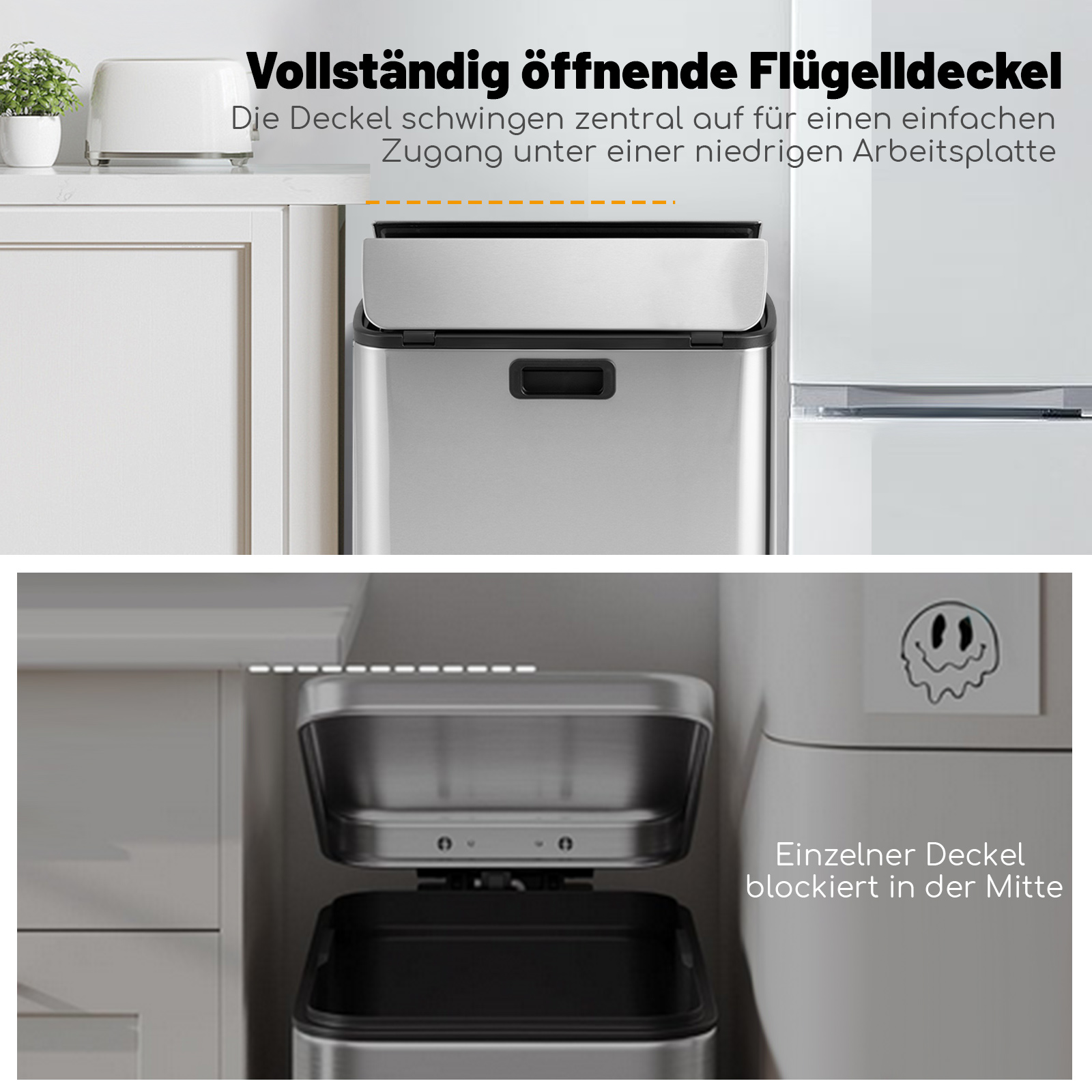 Edelstahl-Mülleimer mit zentral öffnendem Deckel. Der Mülleimer steht in einem Schrank.