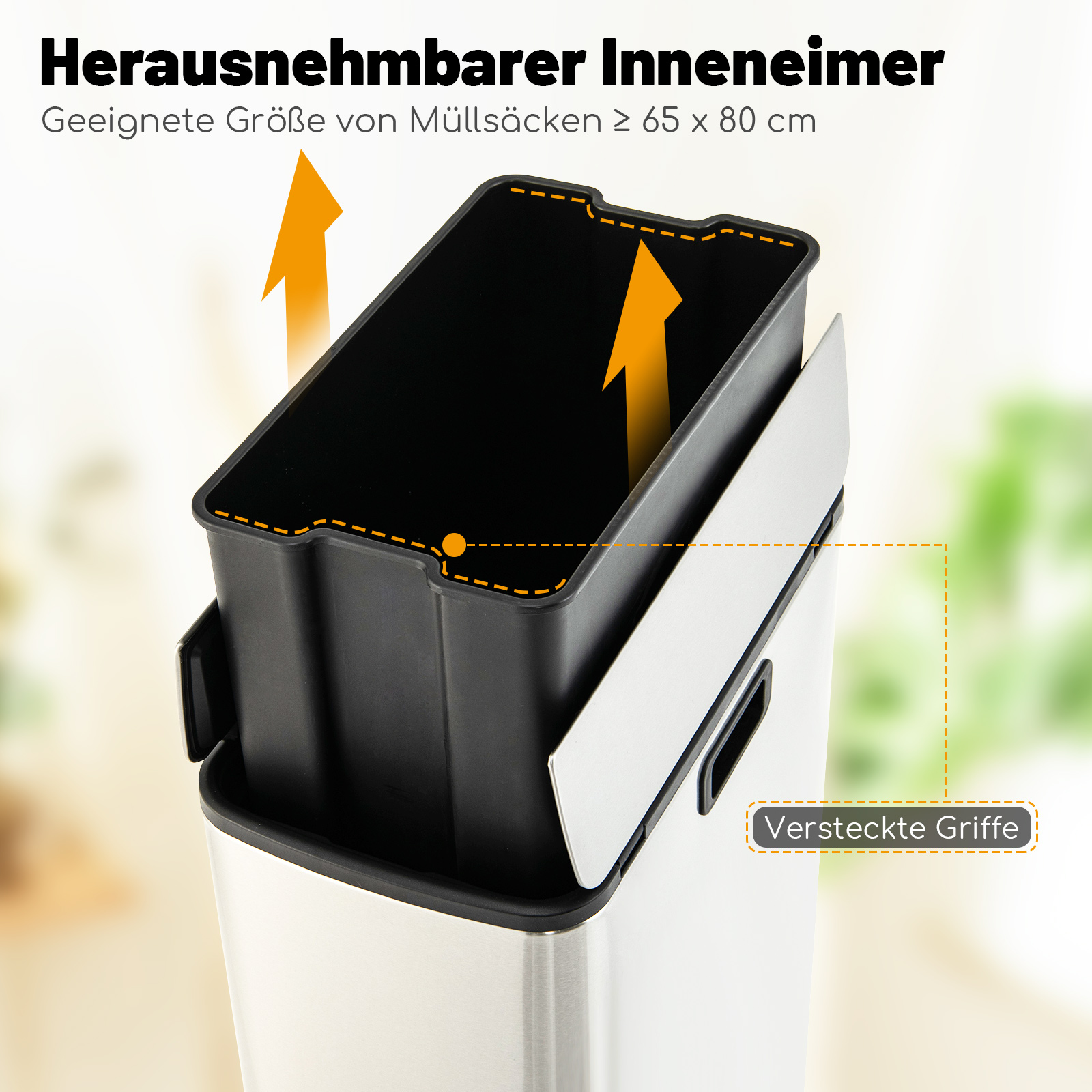 Edelstahl-Mülleimer mit herausnehmbarem Inneneimer. Hat versteckte Griffe und einen Deckel.
