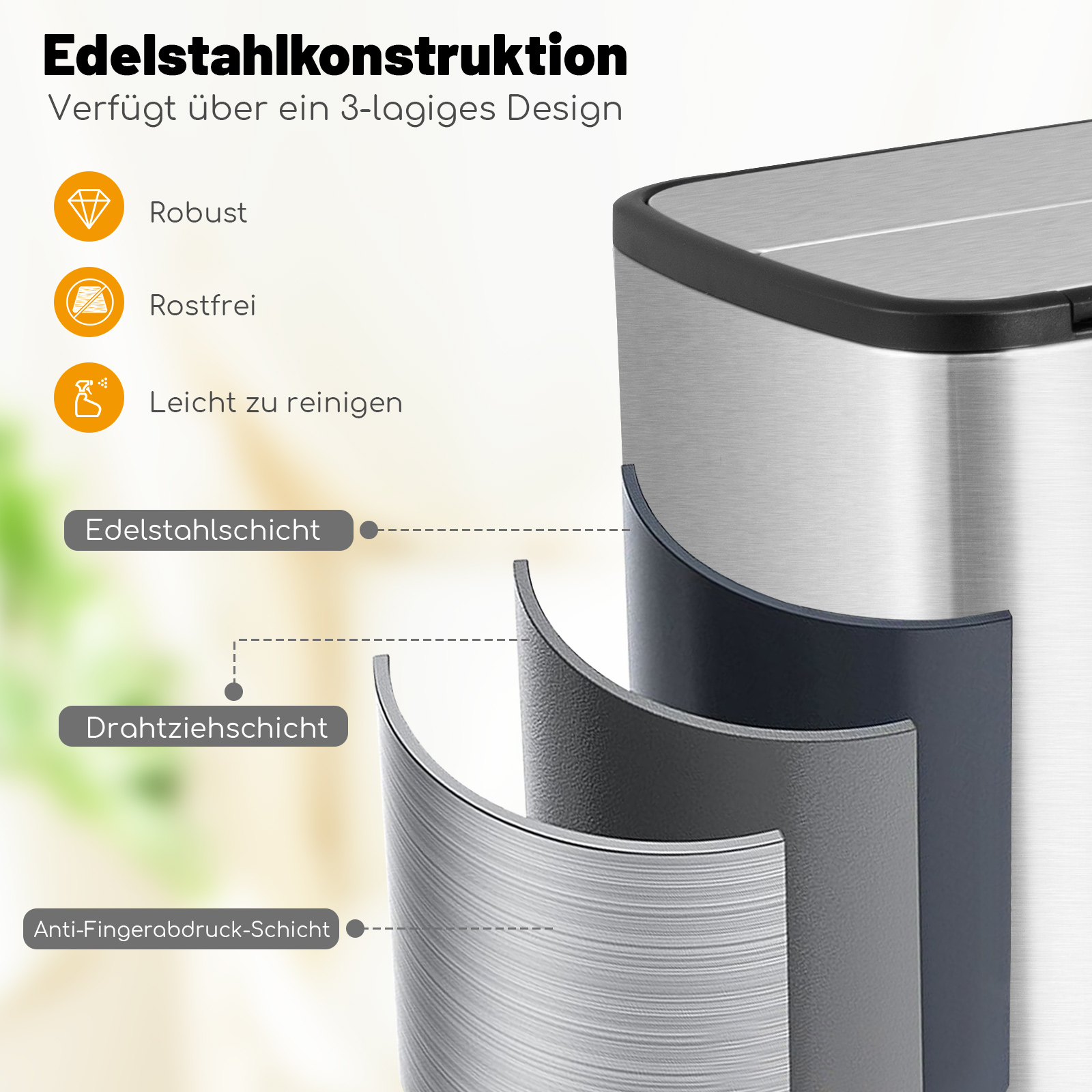 Edelstahl-Mülleimer mit Schichtdetails. Weißer Hintergrund.