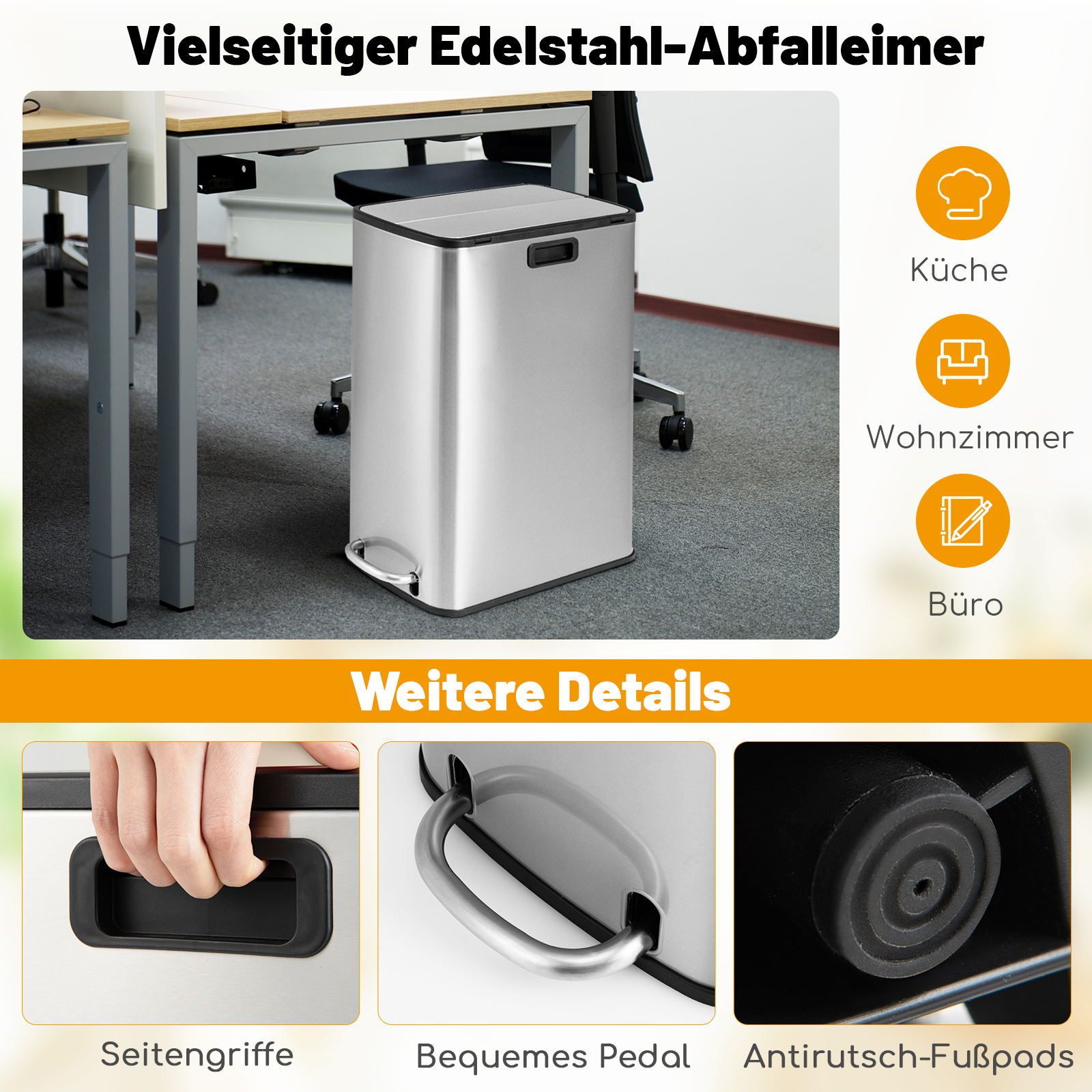 Edelstahl-Mülleimer mit Fußpedal im Büro. Details: Griff, Pedal, Anti-Rutsch-Pads.