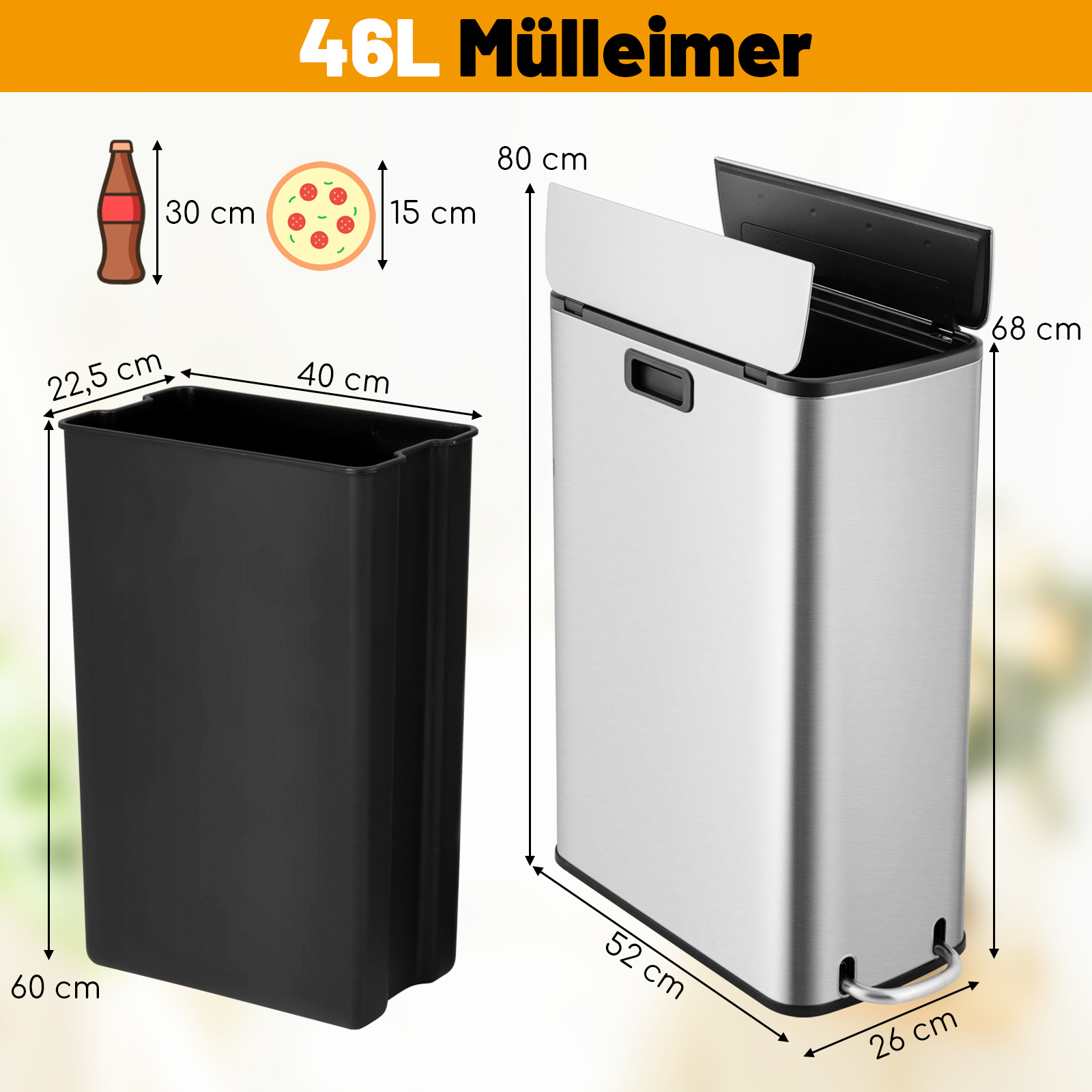 Mülleimer mit schwarzem Behälter im Inneren und silberfarbenem Metallgehäuse. Abmessungen sind beschriftet.