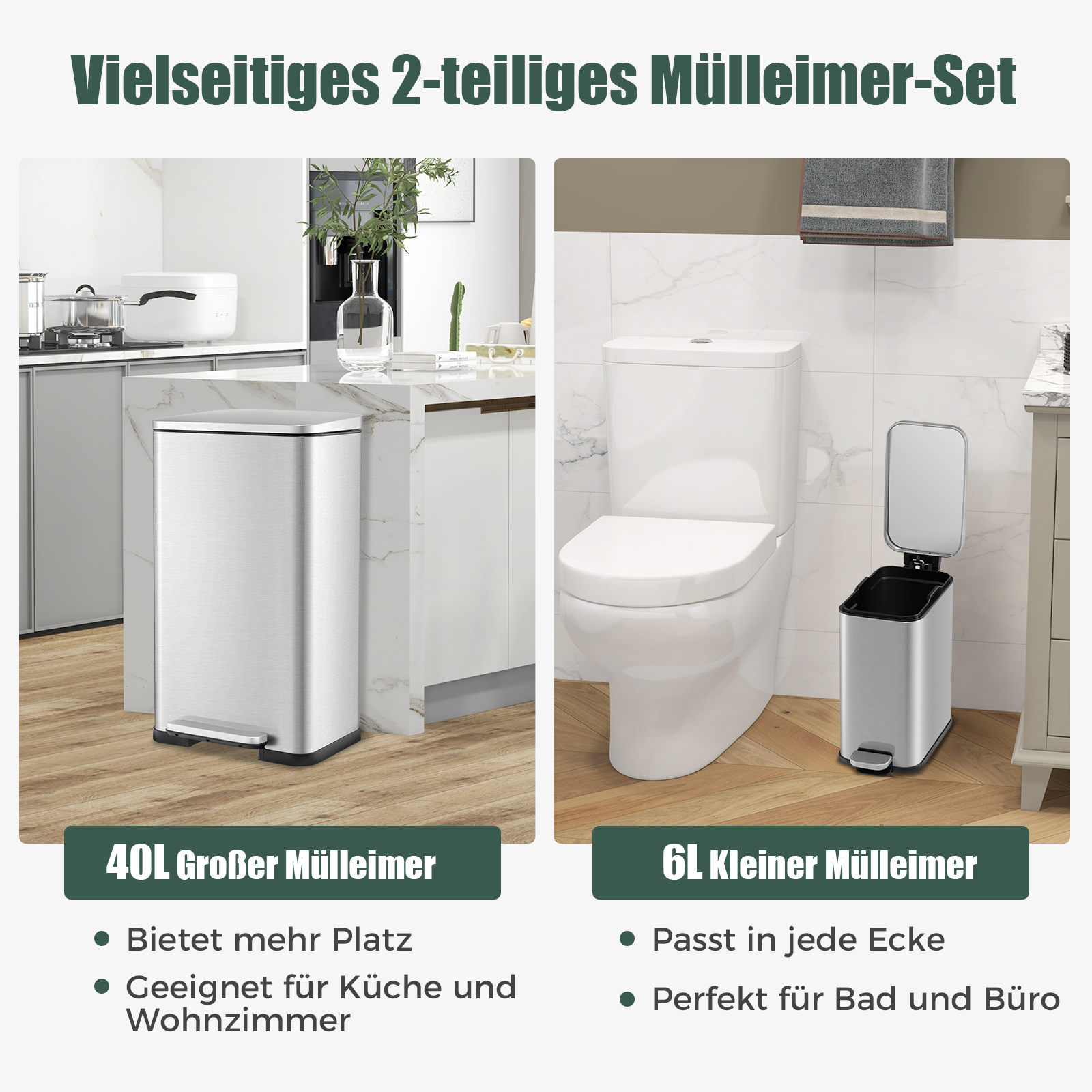 Zwei weiße Mülleimer, einer in der Küche, einer im Badezimmer, Textbeschreibungen in grünen Kästchen.