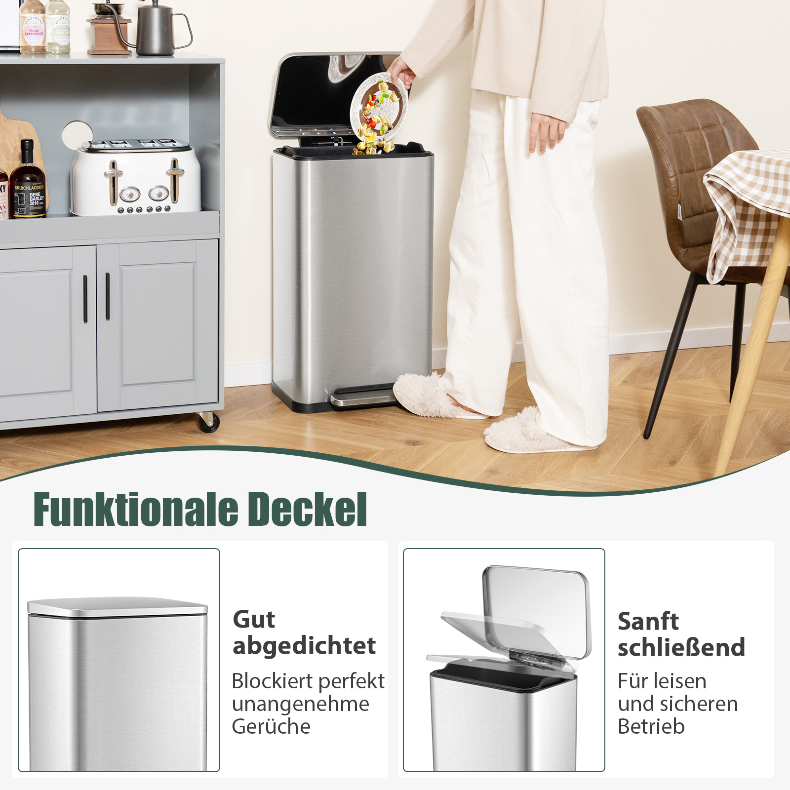 Eine Frau wirft Abfall in einen silbernen Mülleimer mit funktionellen Deckelfunktionen.