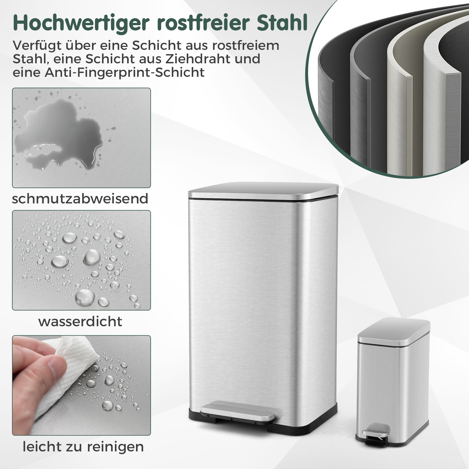 Ein Edelstahl-Mülleimer mit einem kleinen und Diagrammen, die Wasser- und Schmutzresistenz zeigen.