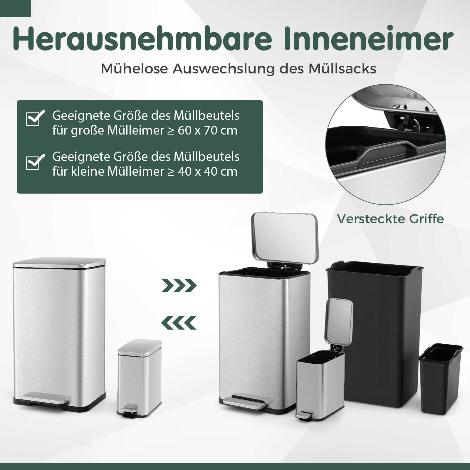 Verschiedene Mülleimer, offen und geschlossen, Größen und Merkmale.