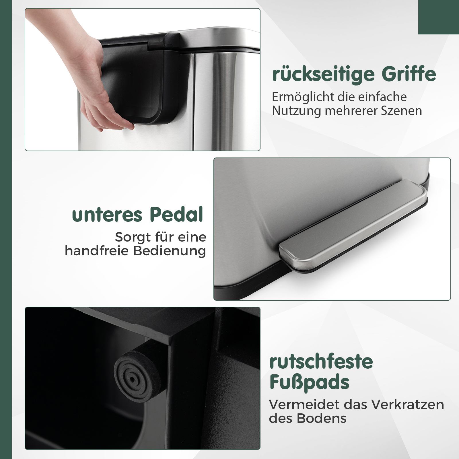 Details eines Mülleimers. Hand öffnet den Deckel. Tritt und rutschfeste Pads. Textbeschreibungen.