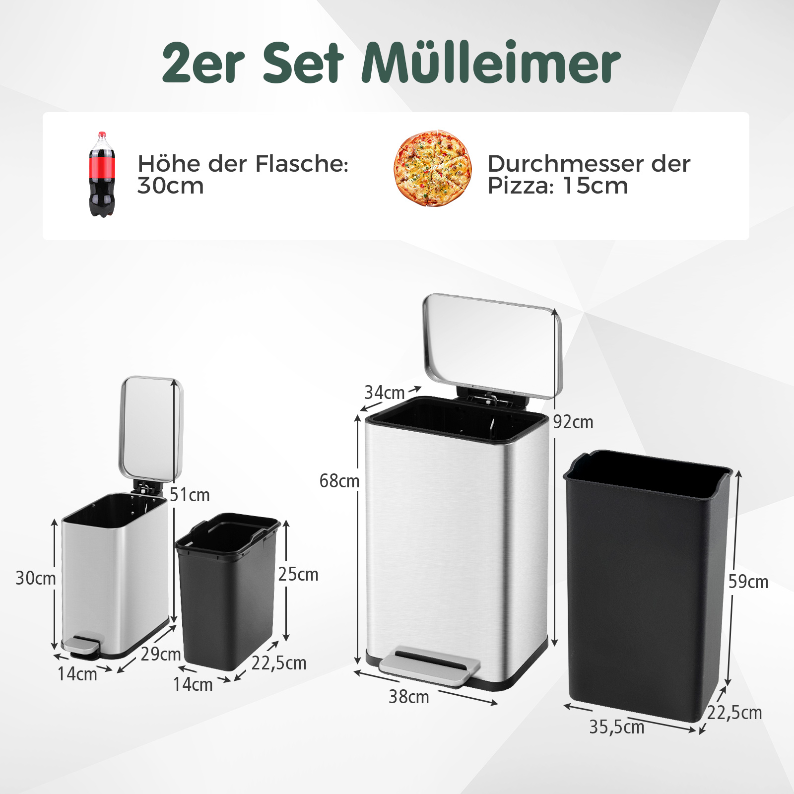 Drei Mülleimer in verschiedenen Größen mit Maßangaben, eine Soda-Flasche und Pizza.