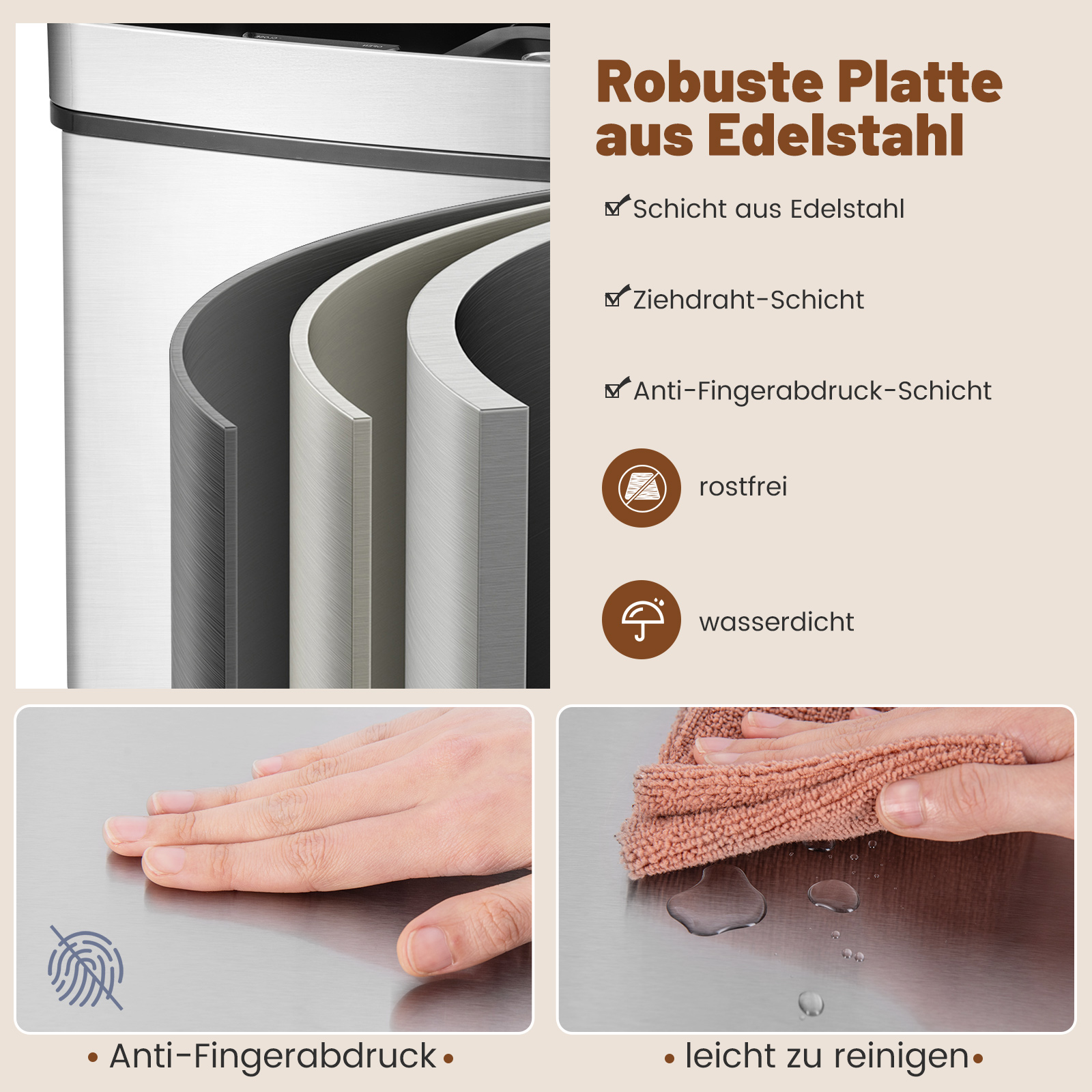 Edelstahloberfläche. Hand berührt Oberfläche. Die Oberfläche ist anti-Fingerabdruck und leicht zu reinigen.