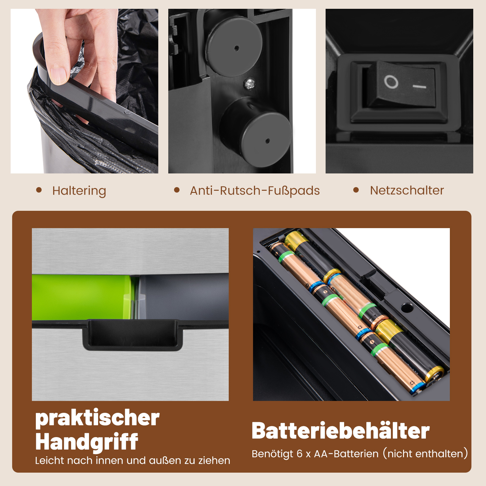 Nahaufnahme eines Mülleimers mit Details: Deckel, Anti-Rutsch-Pads, Netzschalter, Griff und Batteriefach.