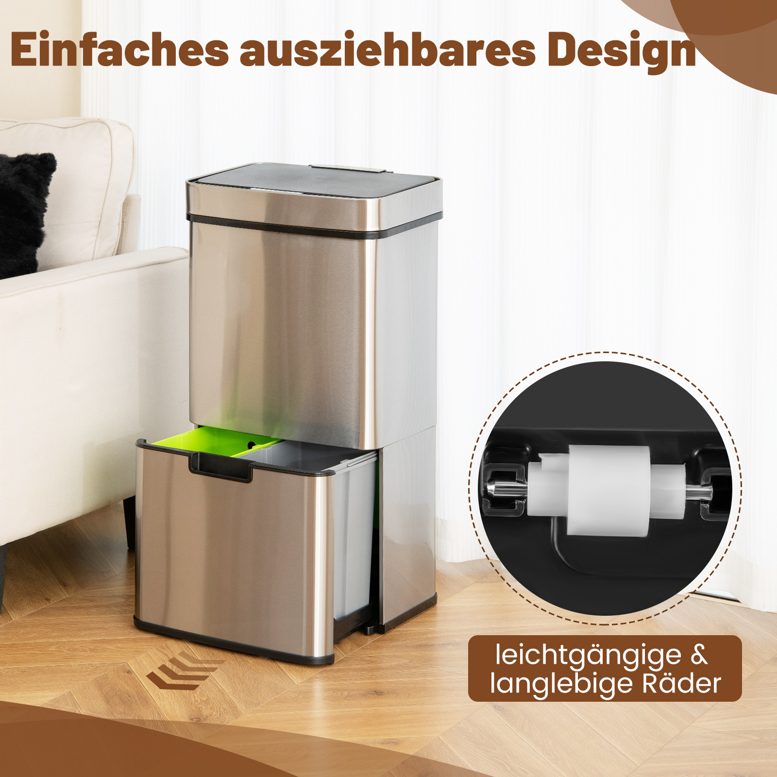Edelstahl-Mülleimer mit Ausziehschublade. Detailansicht des Radmechanismus.