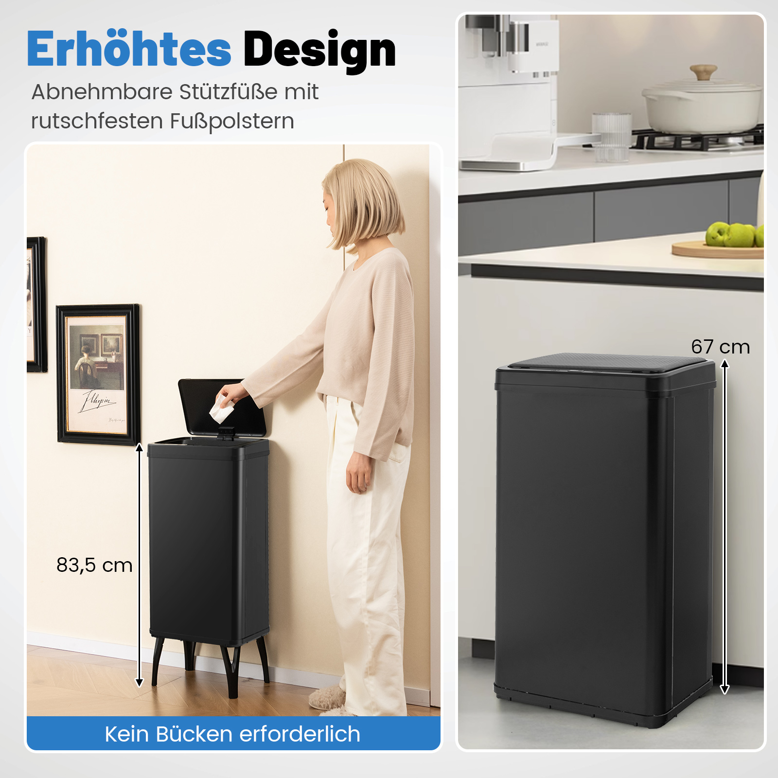 Schwarzer Mülleimer mit Frau, die den Deckel öffnet. Der Behälter ist 83,5 cm hoch. Im Hintergrund ist die Küche zu sehen.