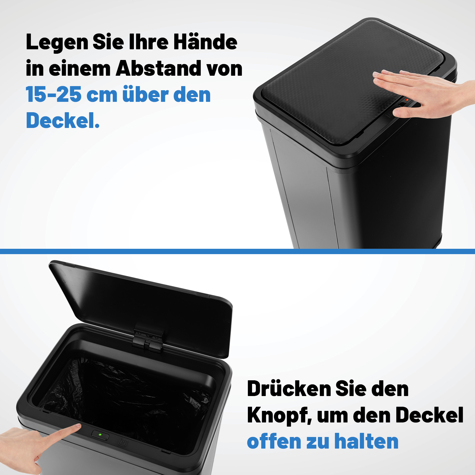 Ein schwarzer Mülleimer. Der Text auf Deutsch weist auf die Handplatzierung und die Verwendung eines Knopfes hin.