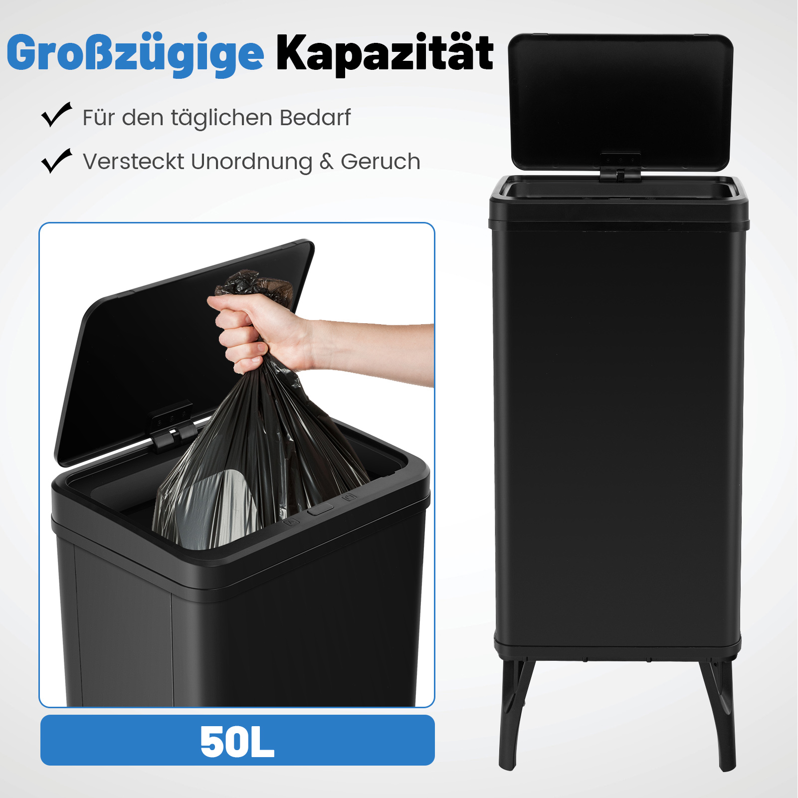 Ein schwarzer Mülleimer mit offenem Deckel. Eine Hand legt einen vollen Müllsack hinein.