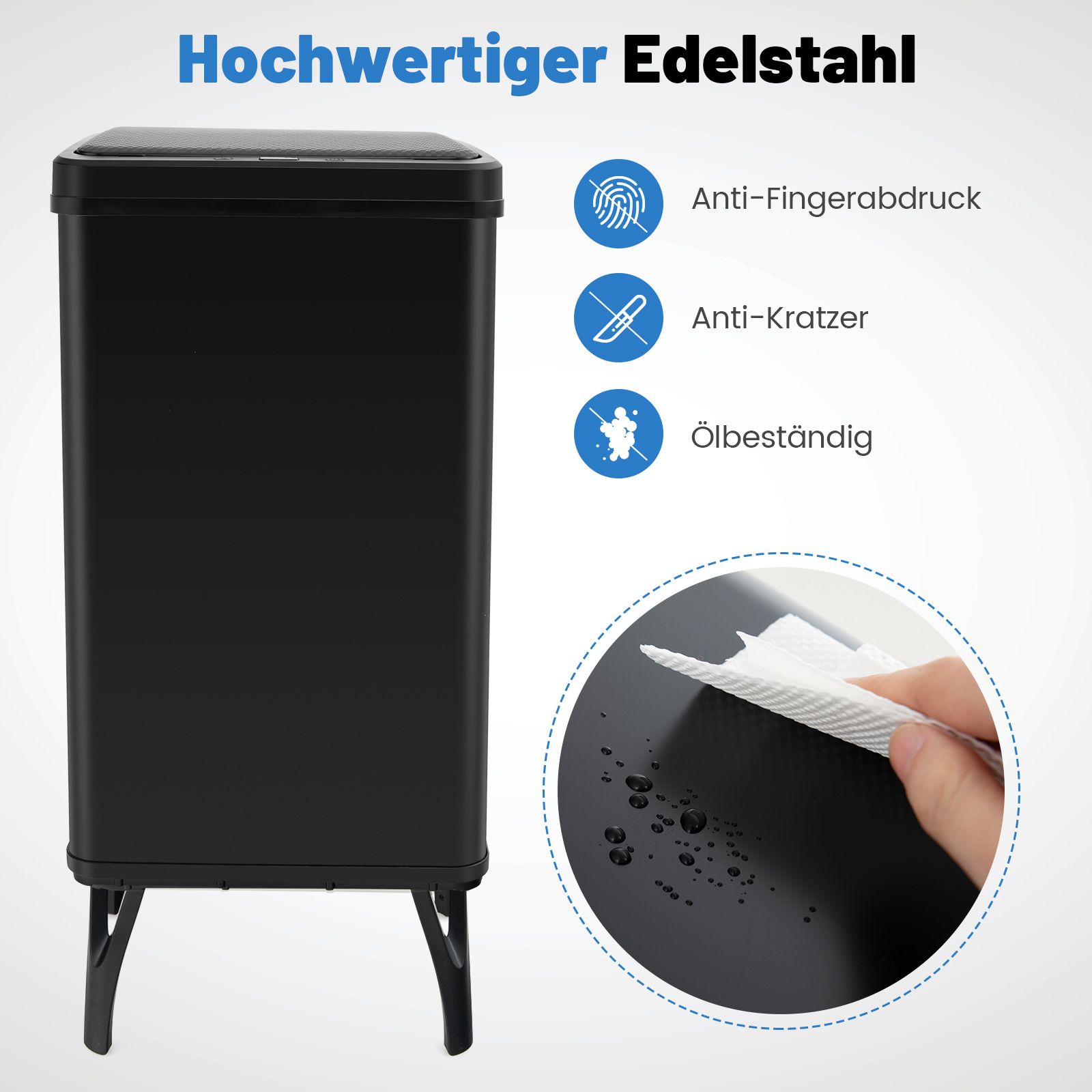 Schwarzer rechteckiger Mülleimer mit Deckel. Merkmale sind Fingerabdruck- und Kratzfestigkeit.