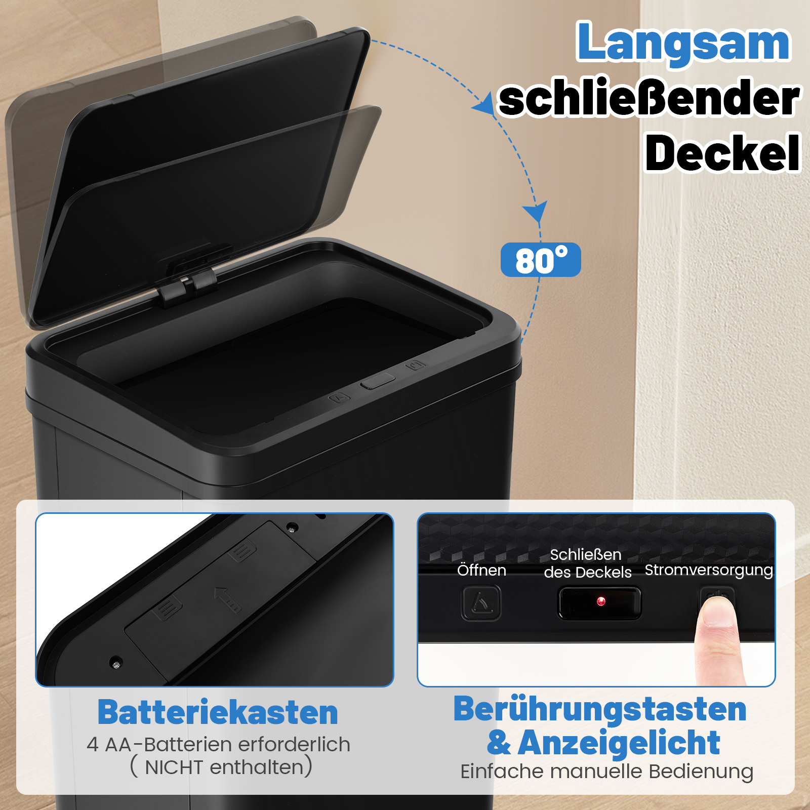 Schwarzer Mülleimer mit offenem Deckel und beschrifteten Funktionen, inkl. Batteriefach.