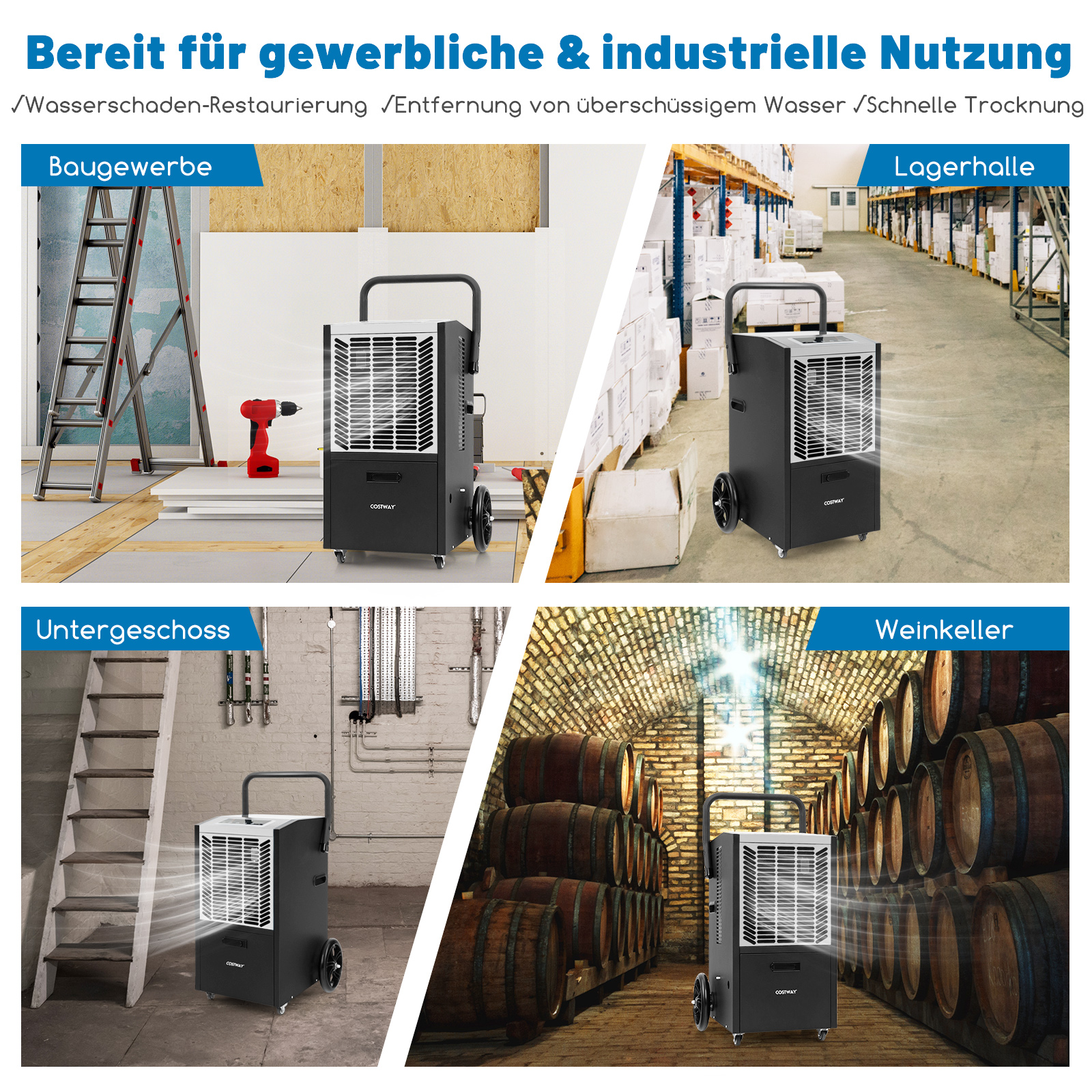 Eine Illustration, die mehrere Einstellungen für einen schwarzen Luftkühler mit Text in deutscher Sprache zeigt.