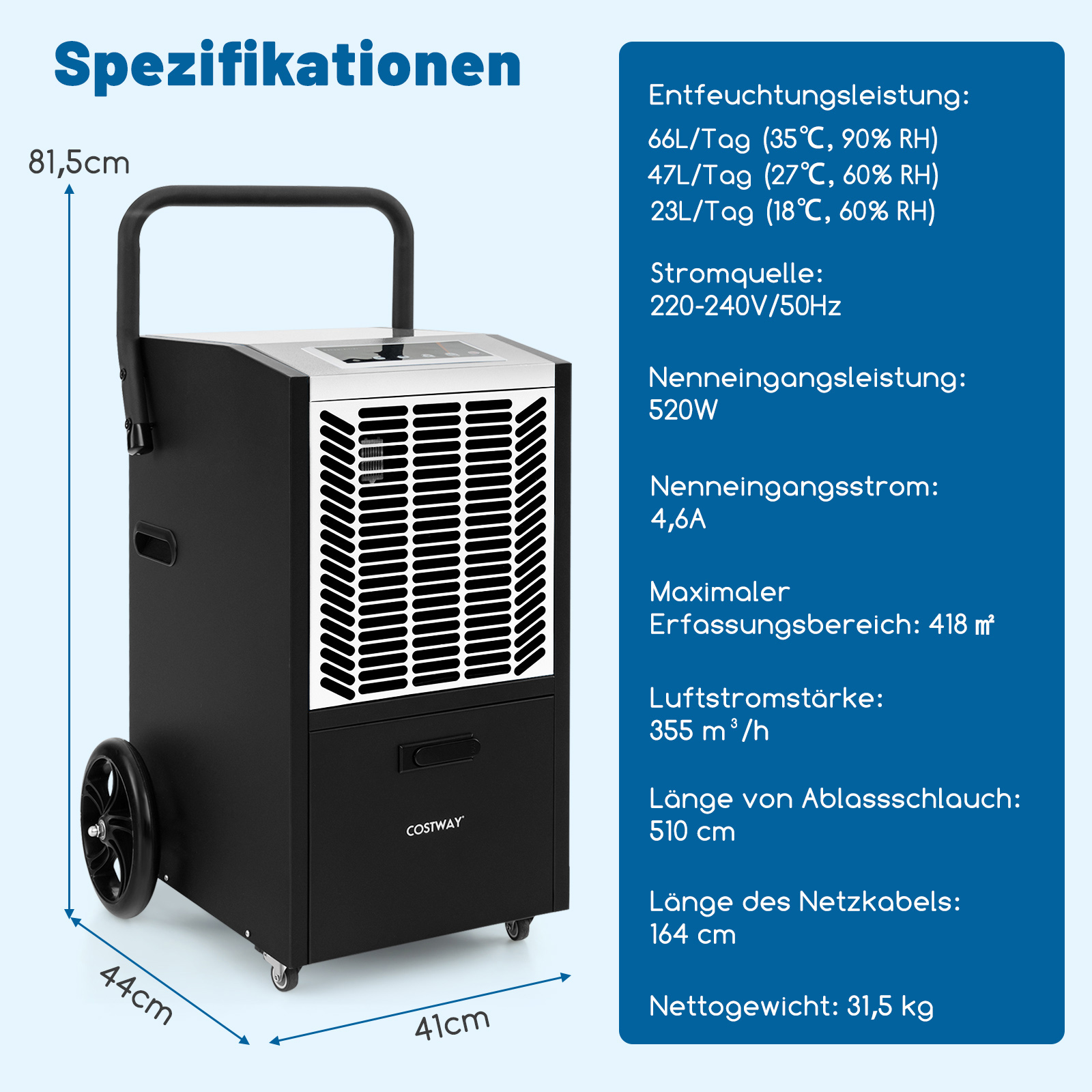 Schwarz-weißer Luftentfeuchter mit Abmessungen und Spezifikationen. Hat Räder und einen Griff.