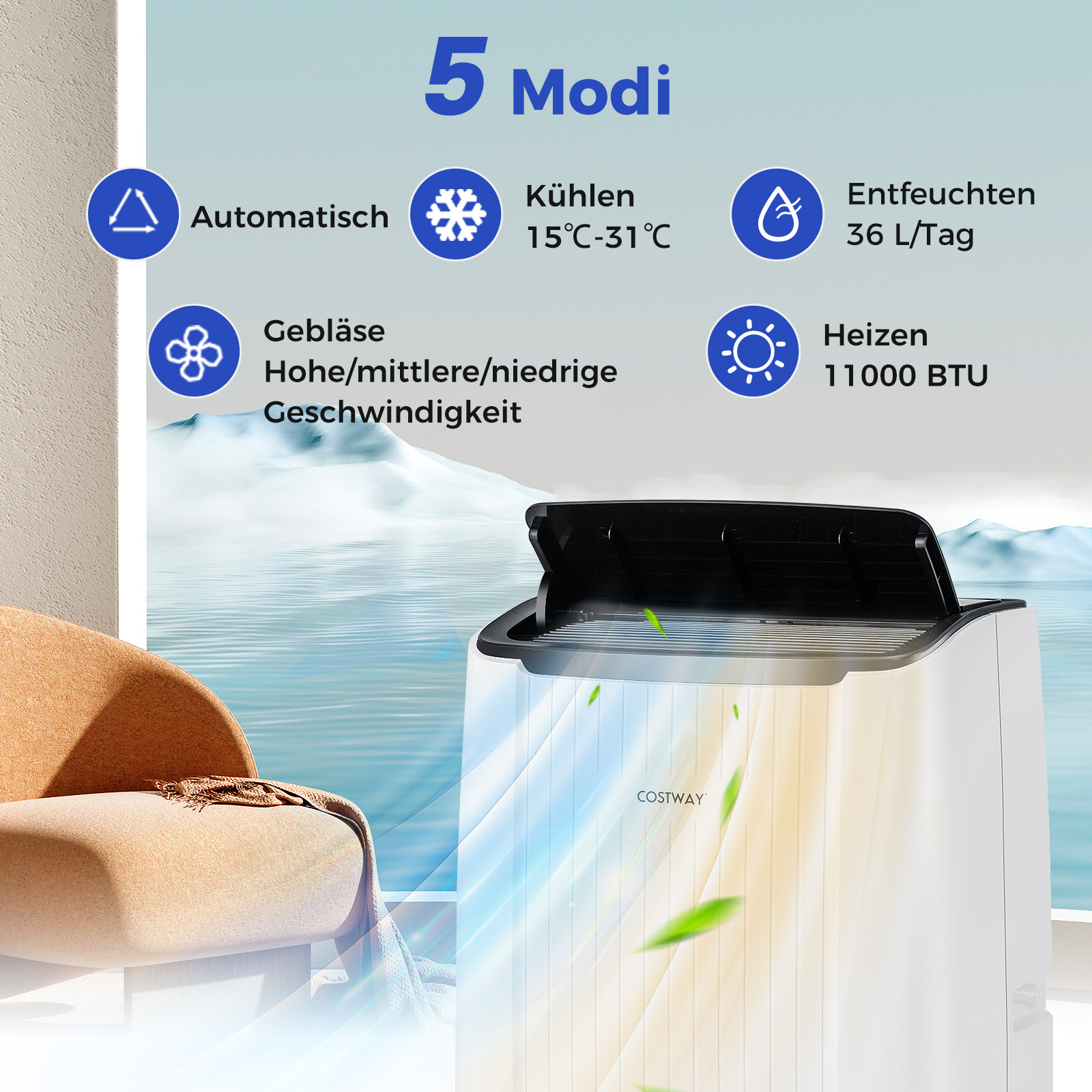 Tragbare Klimaanlage mit verschiedenen Modi. Hintergrund zeigt einen Stuhl und ein Fenster.