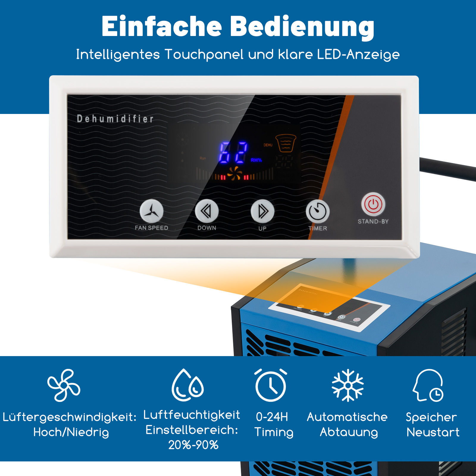 Weißer Luftentfeuchter mit Display, das Einstellungen anzeigt. Darunter Symbole für Lüftergeschwindigkeit, Luftfeuchtigkeit und Timer.