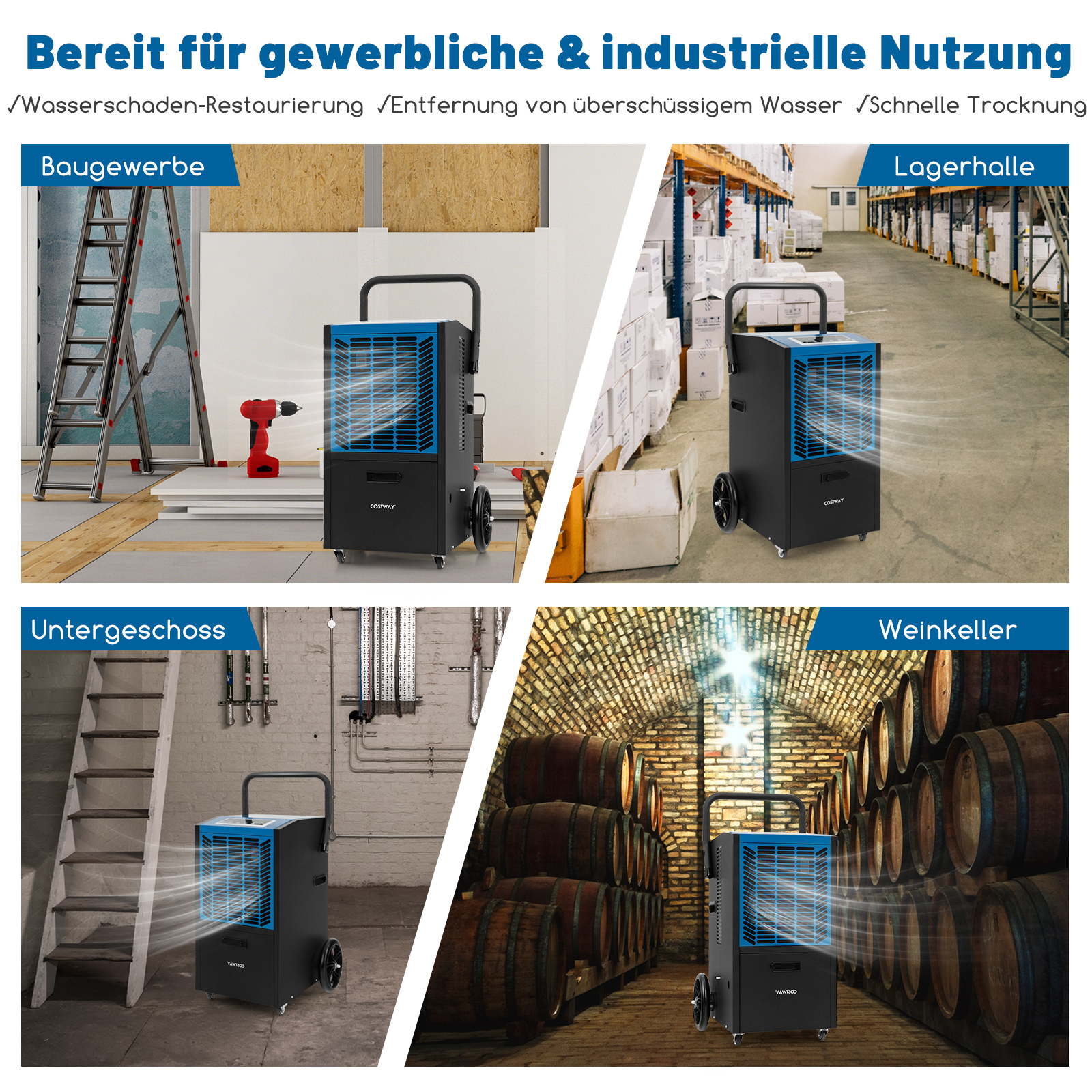 Vier Bilder, die einen Industrietrockner in verschiedenen Umgebungen zeigen: Bau, Lagerhalle, Keller und Weinkeller.