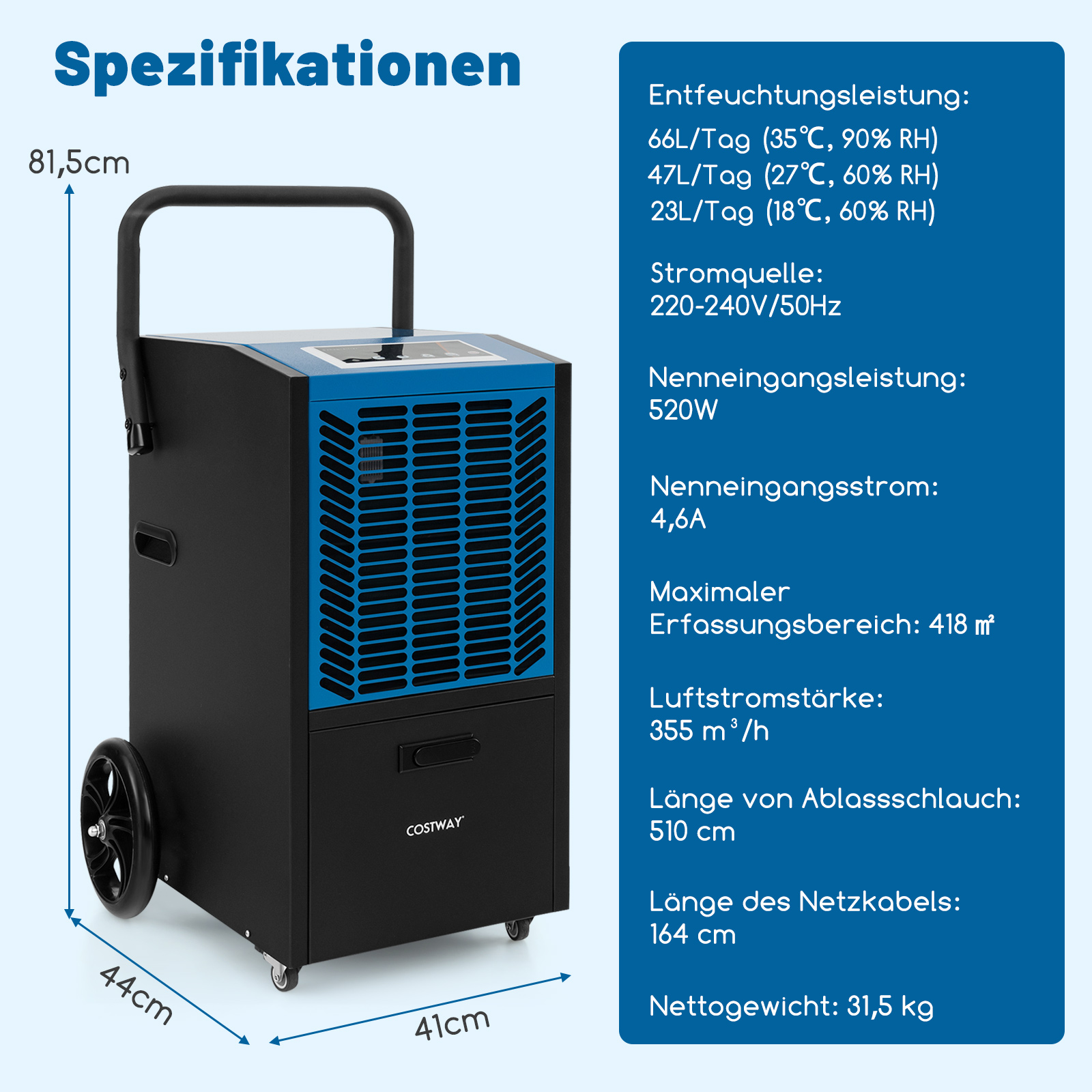 Ein schwarz-blauer Luftentfeuchter mit Abmessungen und Spezifikationen.