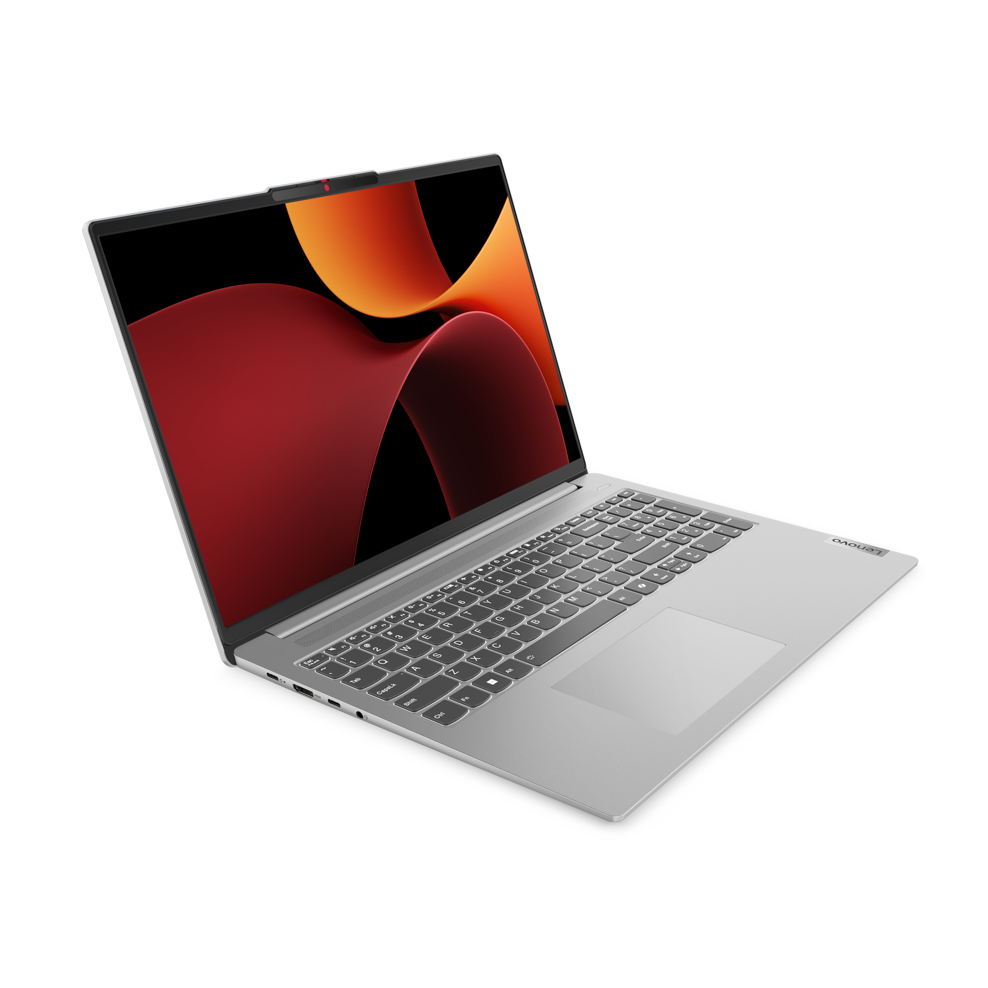 Silberner Lenovo Laptop, geöffnet, roter und orangefarbener abstrakter Hintergrund, weißer Hintergrund.