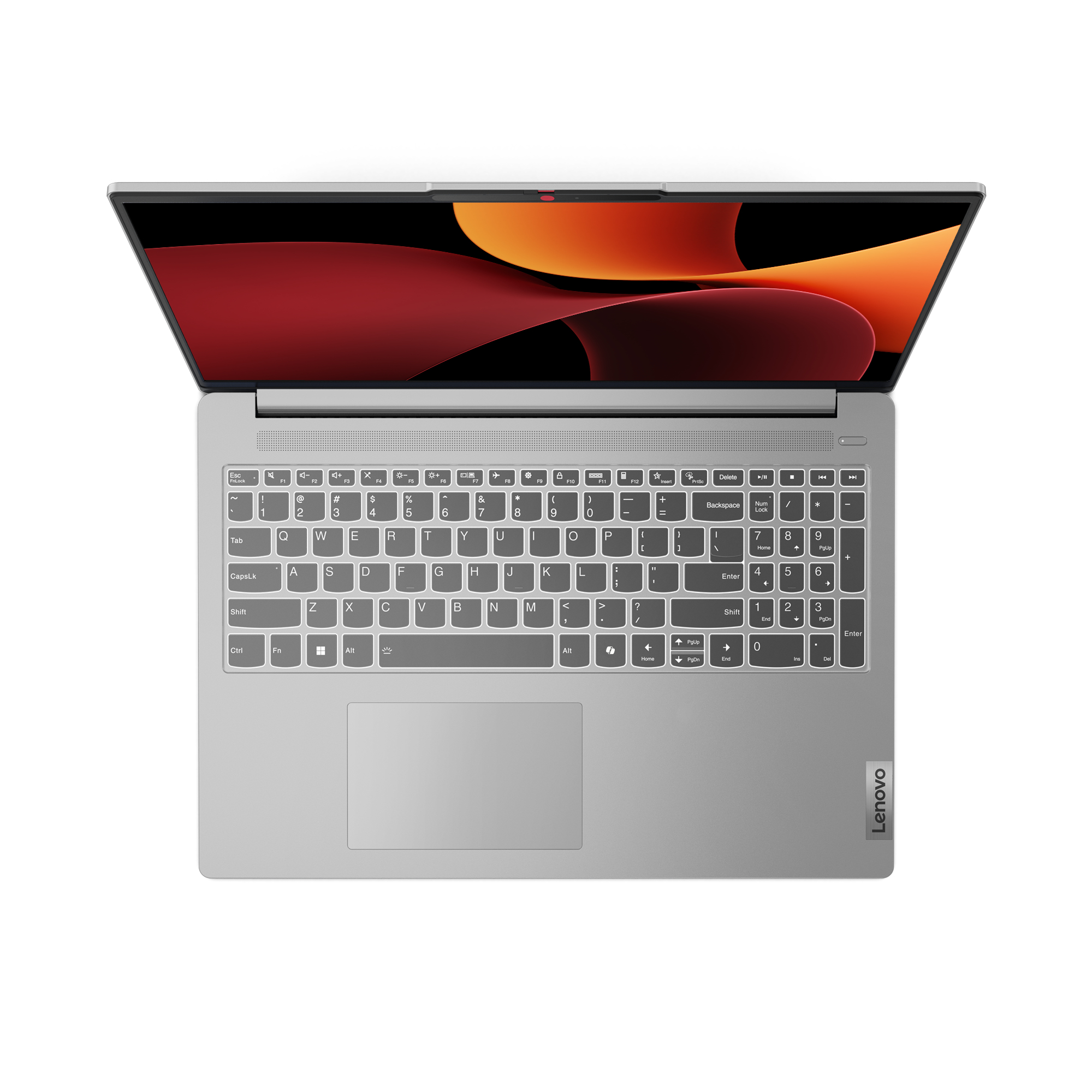 Eine Draufsicht auf einen silbernen Laptop mit geöffnetem Bildschirm, der ein farbenfrohes, abstraktes Design zeigt. Die Tastatur ist sichtbar.