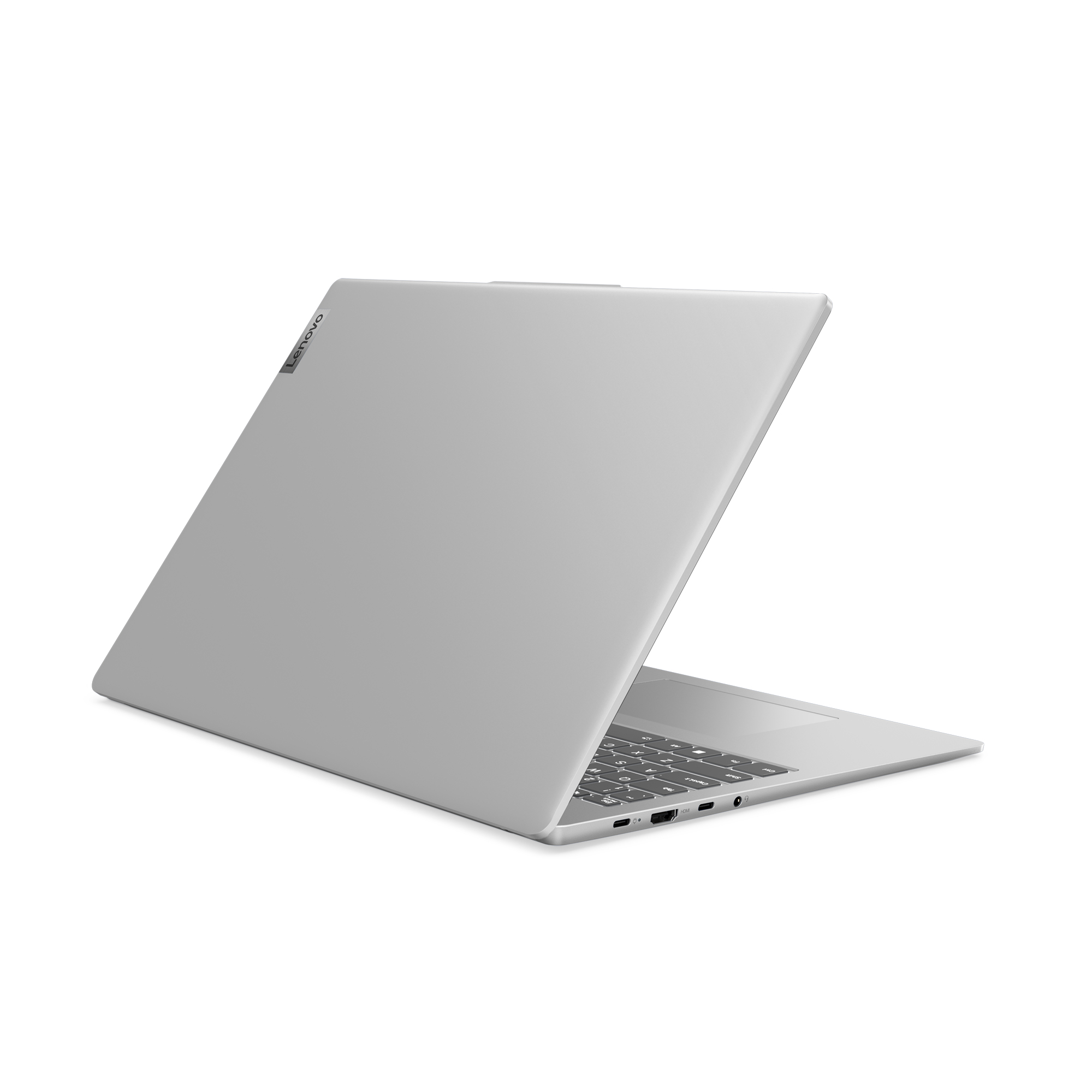 Grauer Lenovo-Laptop leicht geöffnet, nach rechts abgewinkelt, zeigt Tastatur und Anschlüsse.